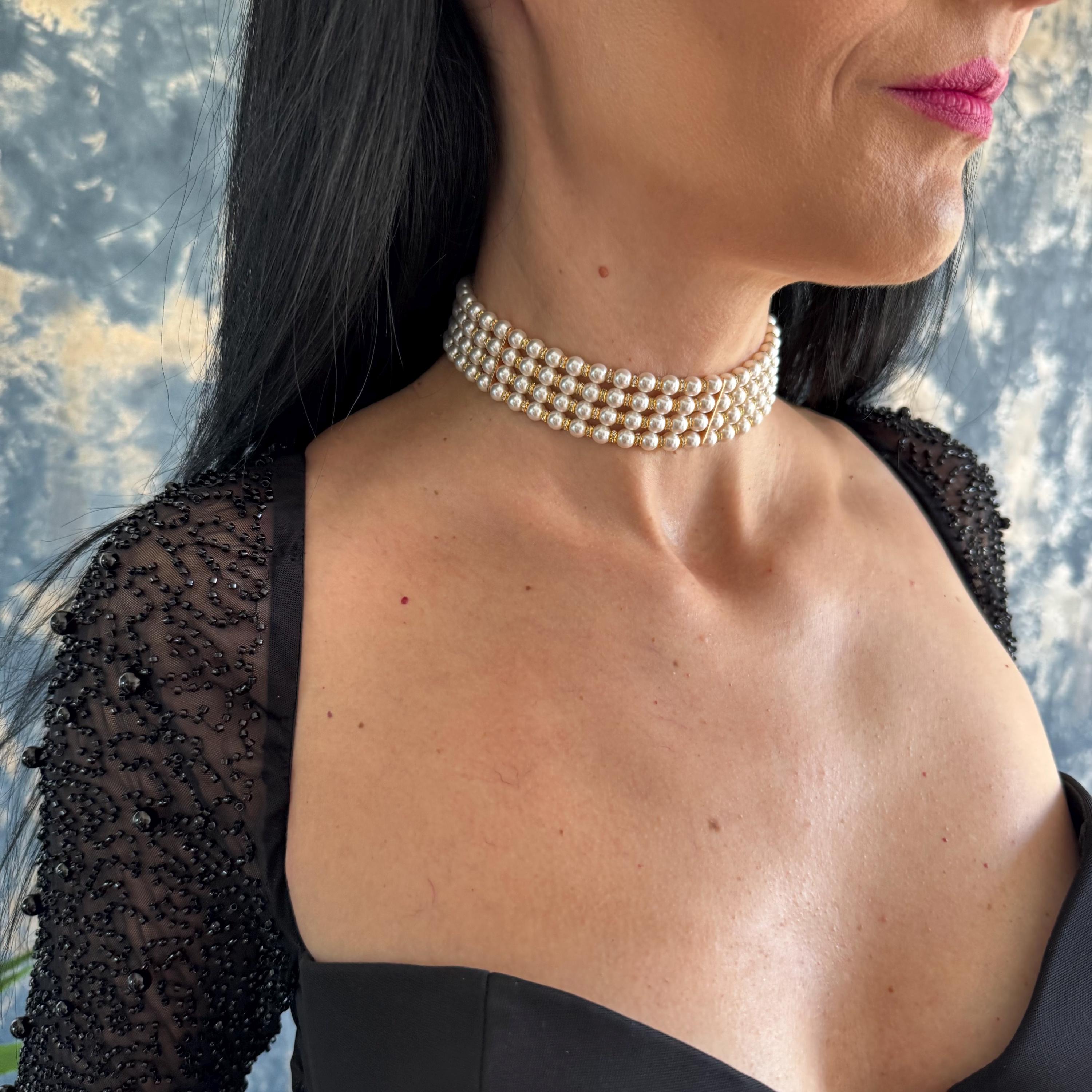 Layered Pearl Choker Necklace Bridal Statement Crystal Jewelry Wedding Accessory White Multi Strand Rhinestone Elegance Formal Tiered Design