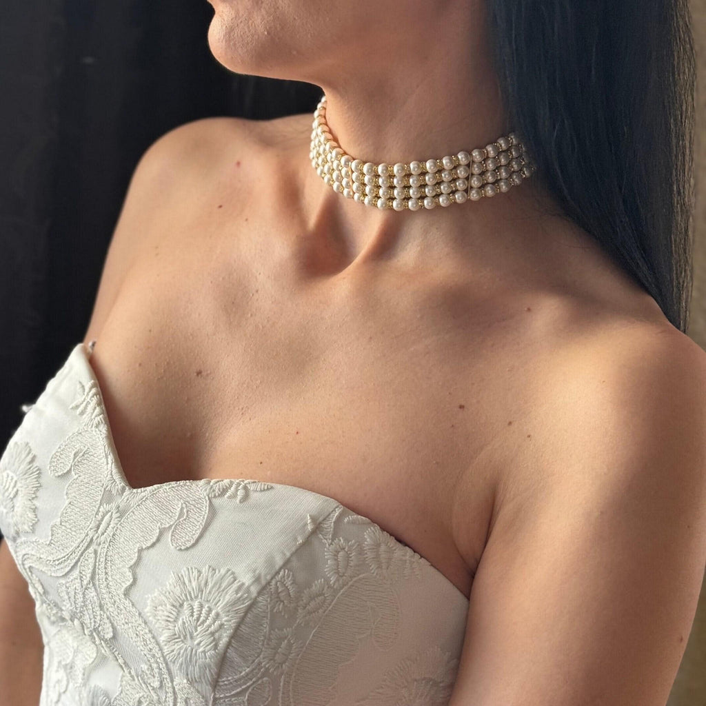 Layered Pearl Choker Necklace Bridal Statement Crystal Jewelry Wedding Accessory White Multi Strand Rhinestone Elegance Formal Tiered Design