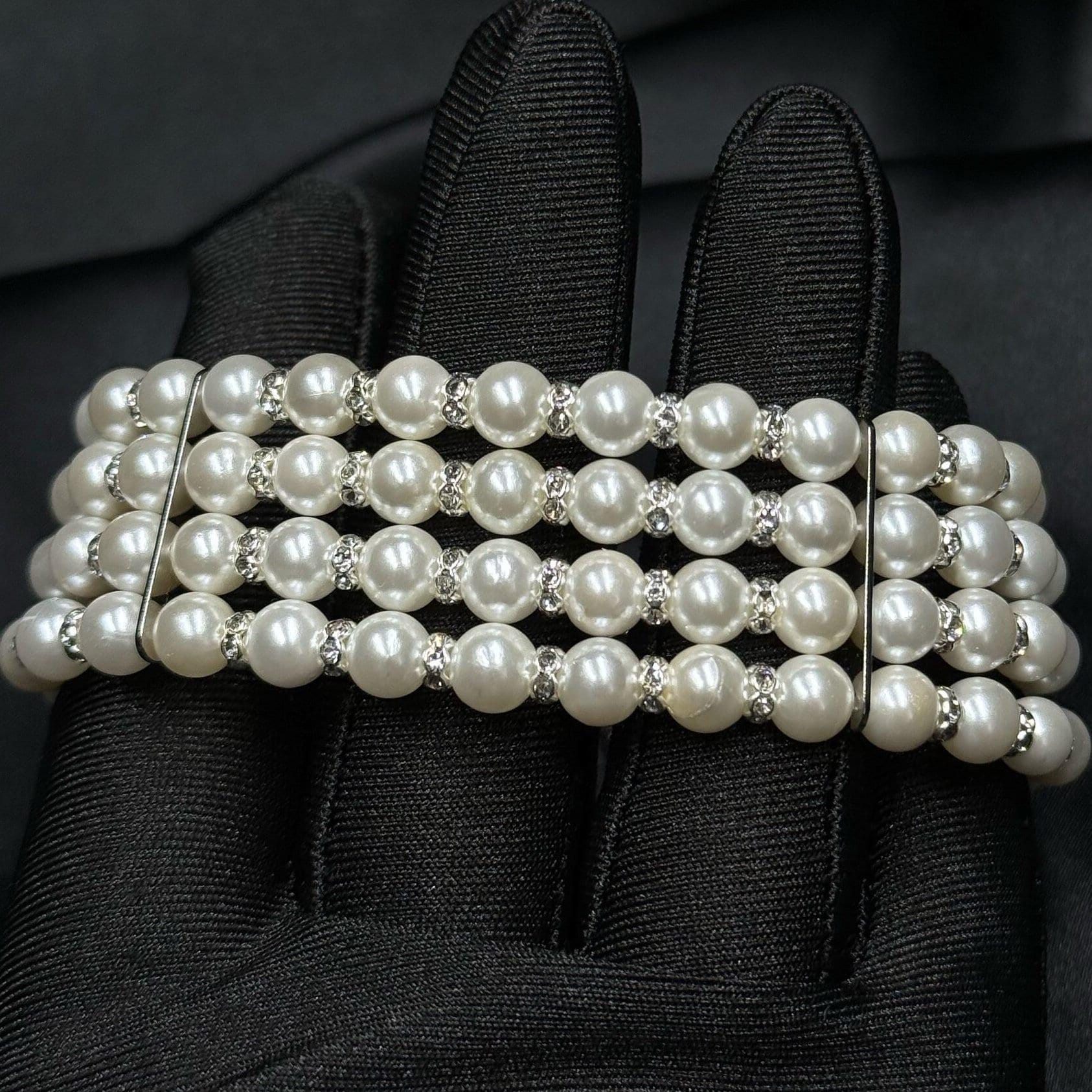 Layered Pearl Choker Necklace Bridal Statement Crystal Jewelry Wedding Accessory White Multi Strand Rhinestone Elegance Formal Tiered Design