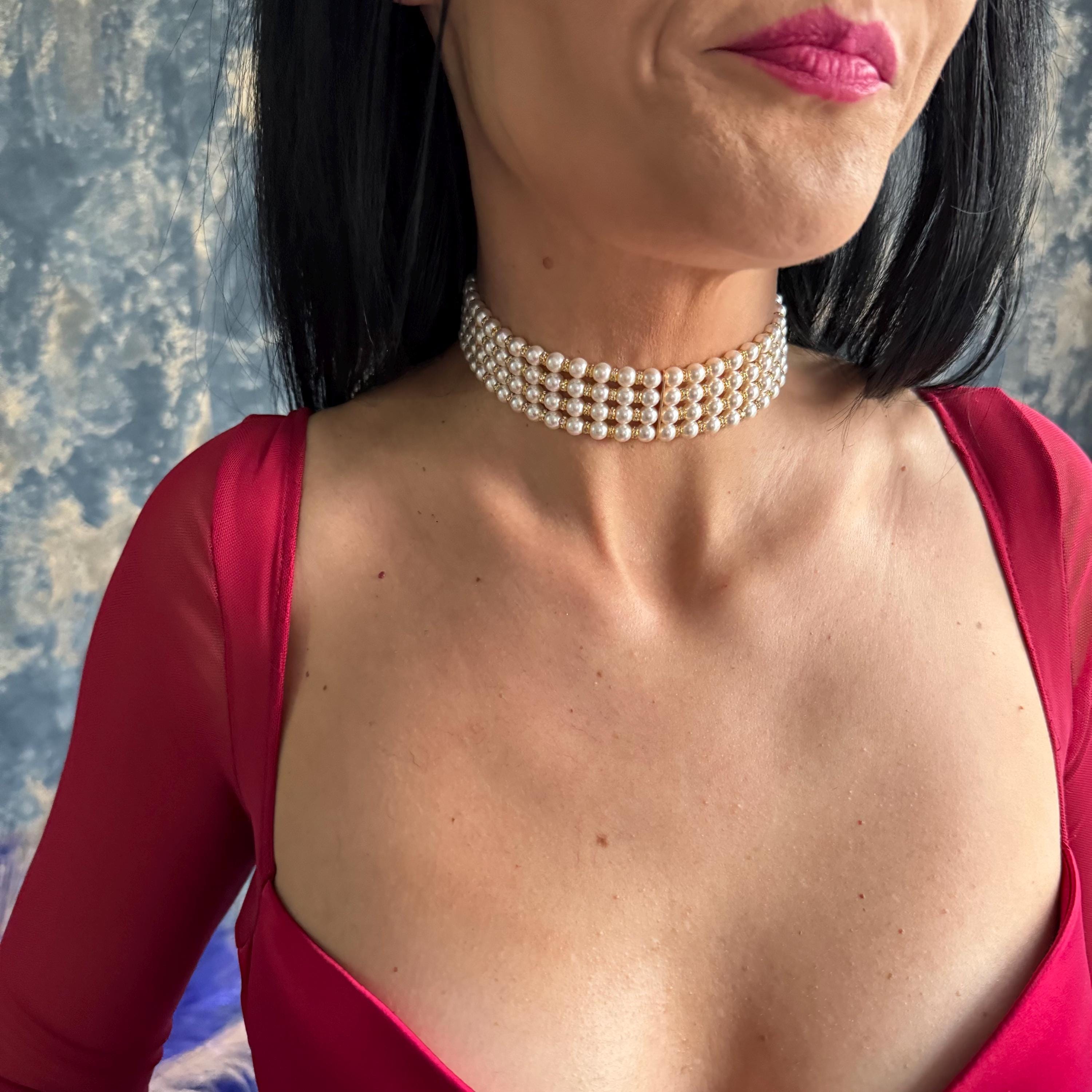 Layered Pearl Choker Necklace Bridal Statement Piece Crystal Wedding Jewelry White Elegant Accessory Multi Strand Design Formal Event Jewellery Rhinestone Embellished Luxury Tiered Collection Special Occasion Necklace Adjustable Length