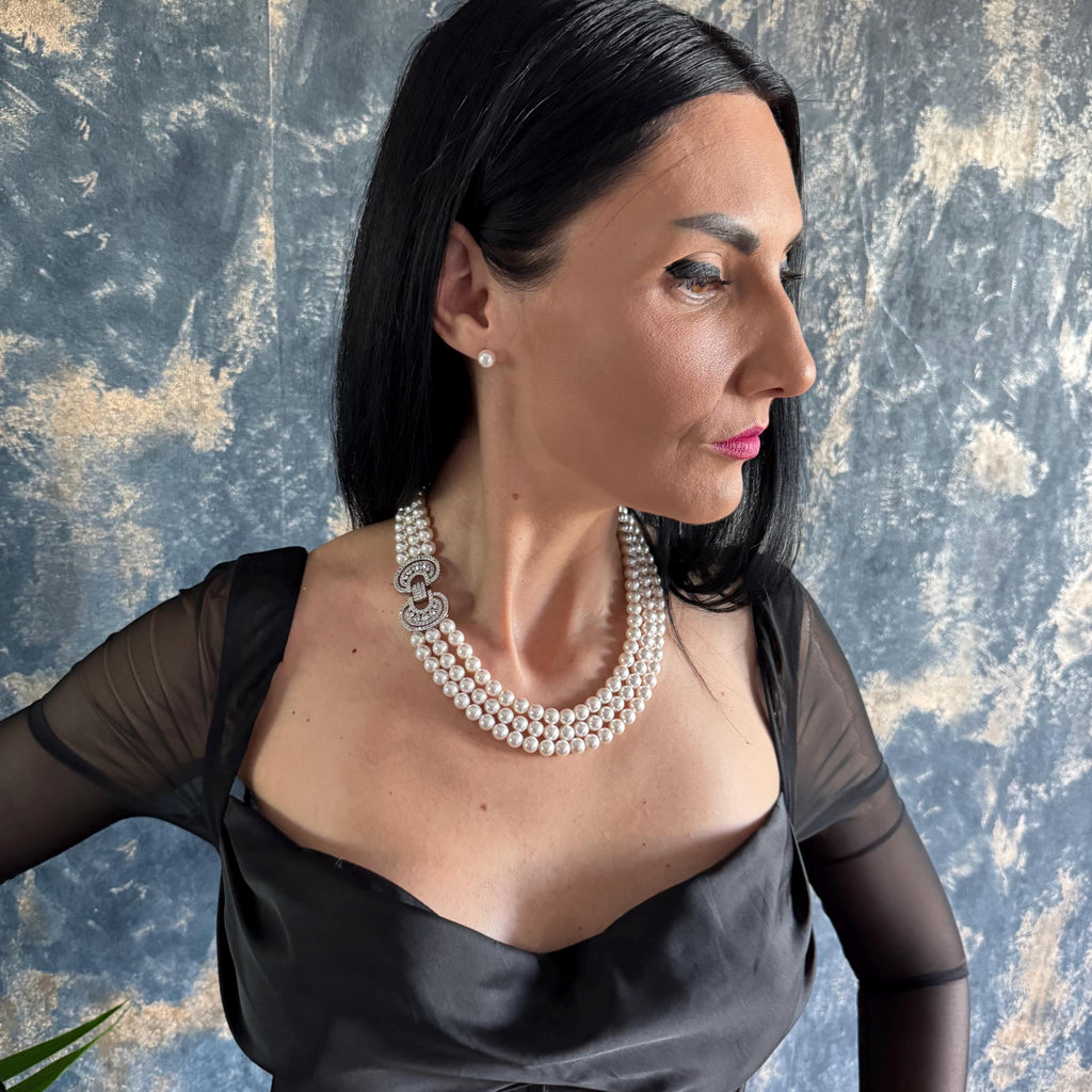 Triple strand pearl necklace with beautiful clasp, Layered pearl necklace Gift for Bridesmaids, Mother's Gift