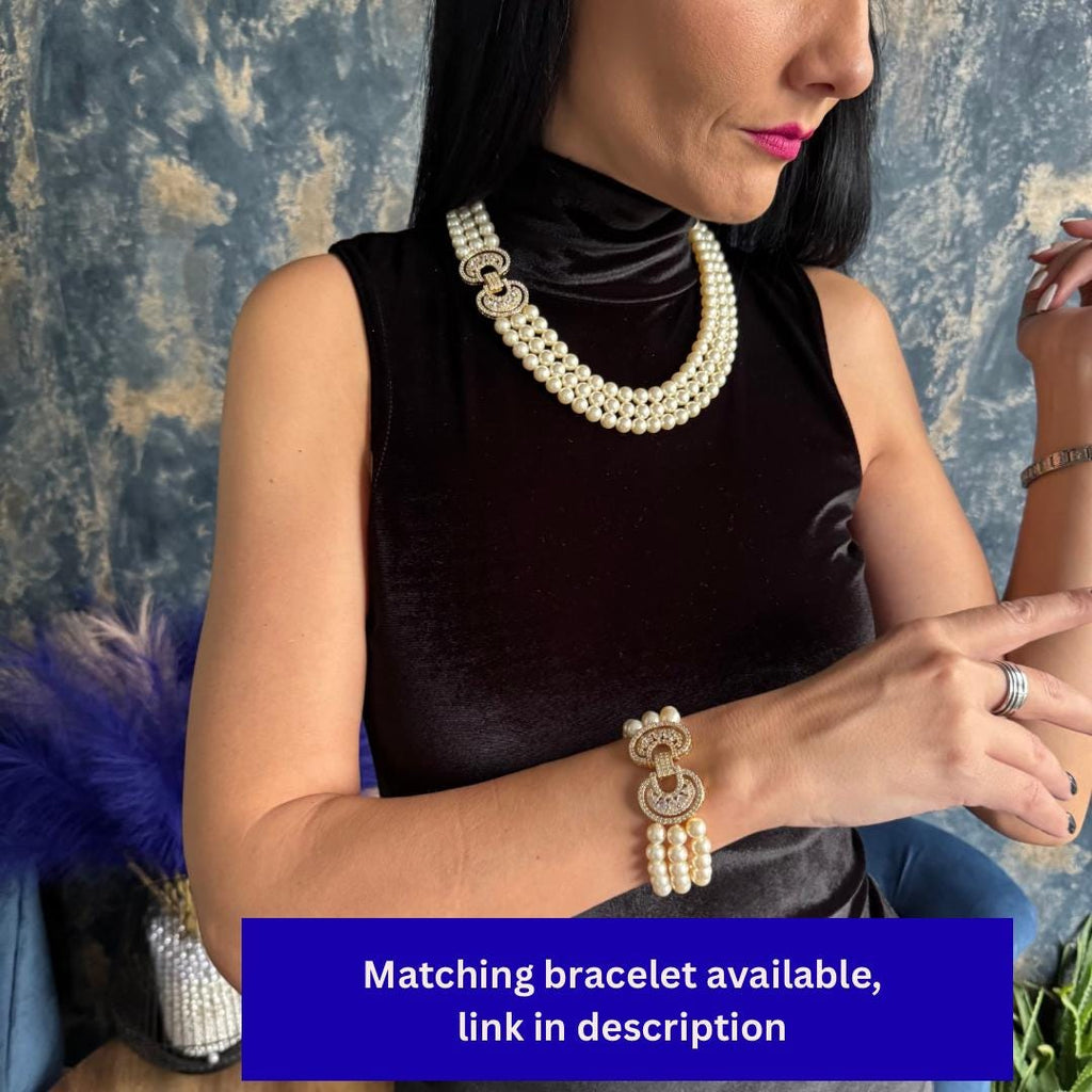 Luxury Formal Accessory Triple Strand Pearl Necklace Vintage Layered Design Statement Piece Wedding Jewelry Elegant Style Ivory Crystal Beads Rhinestone Clasp Gold Embellished Finish Special Occasion Gift Sophisticated Fashion Addition