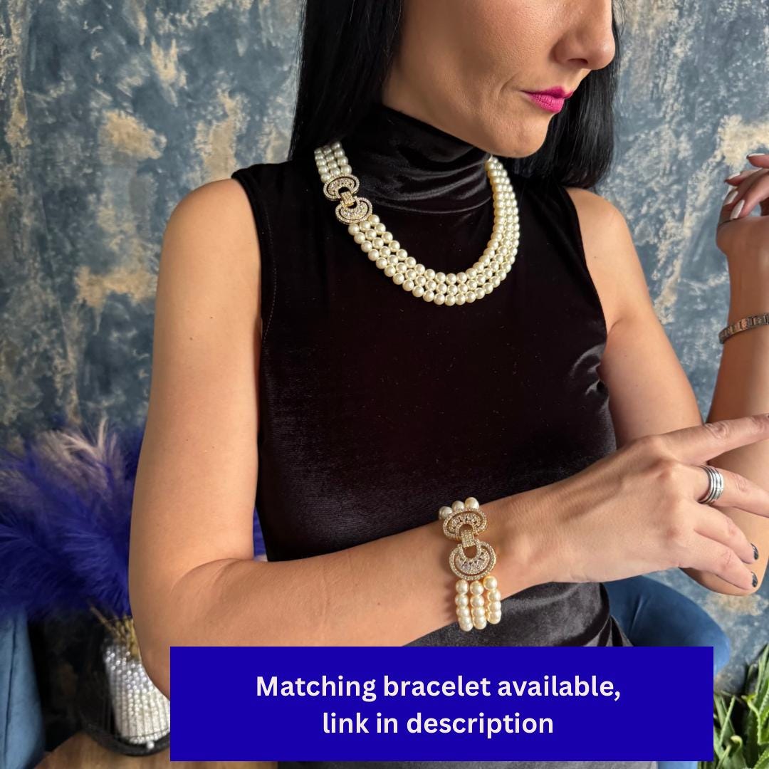 Luxury Formal Accessory Triple Strand Pearl Necklace Vintage Layered Design Statement Piece Wedding Jewelry Elegant Style Ivory Crystal Beads Rhinestone Clasp Gold Embellished Finish Special Occasion Gift Sophisticated Fashion Addition