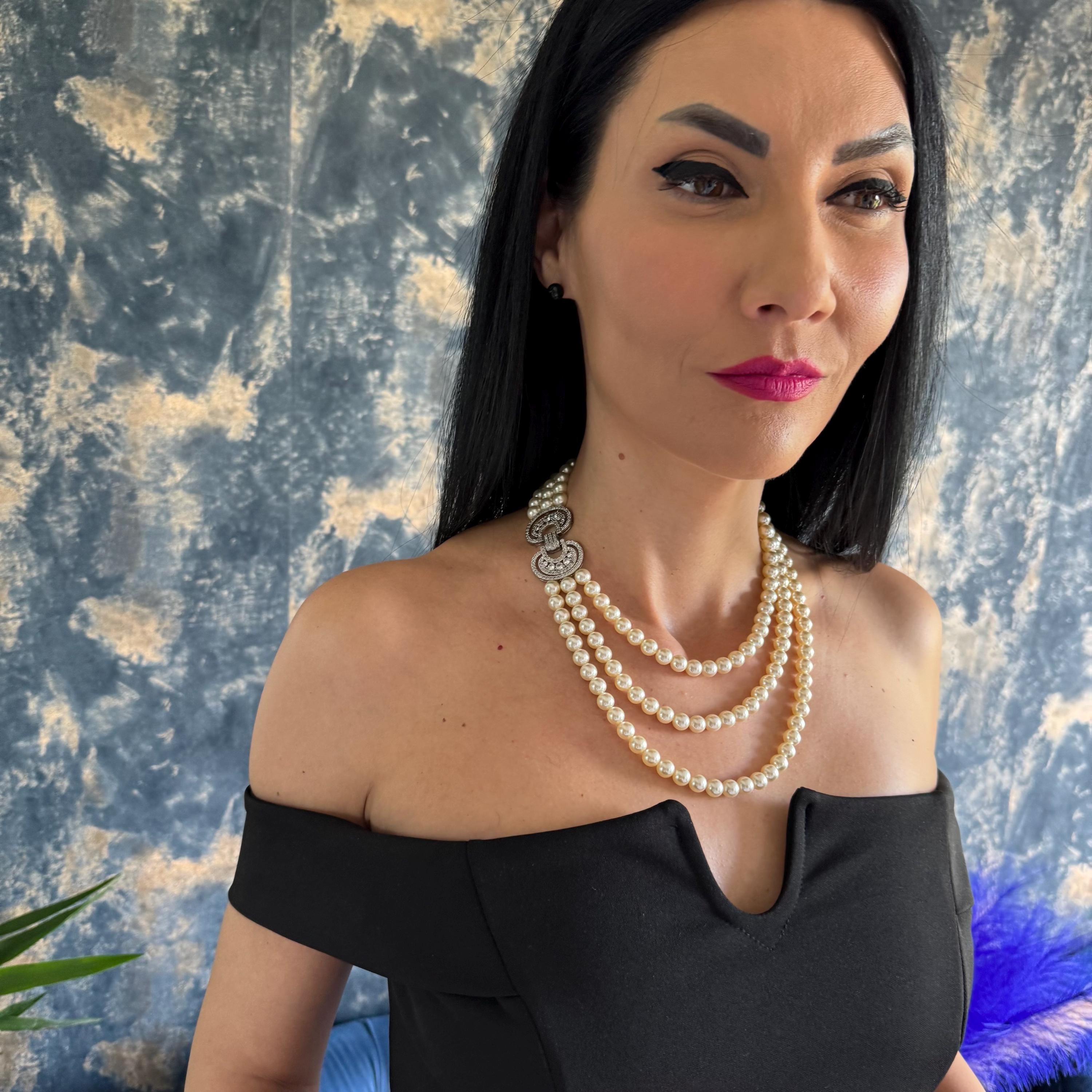 Vintage Inspired Necklace Crystal Pearl Collection Classic 1920 Style Elegant Cascade Design Multi Layer Arrangement Wedding Accessory Bridal Jewelry Statement Piece Formal Wear Essential Gold Clasp Detail Timeless Beauty Glamorous Look