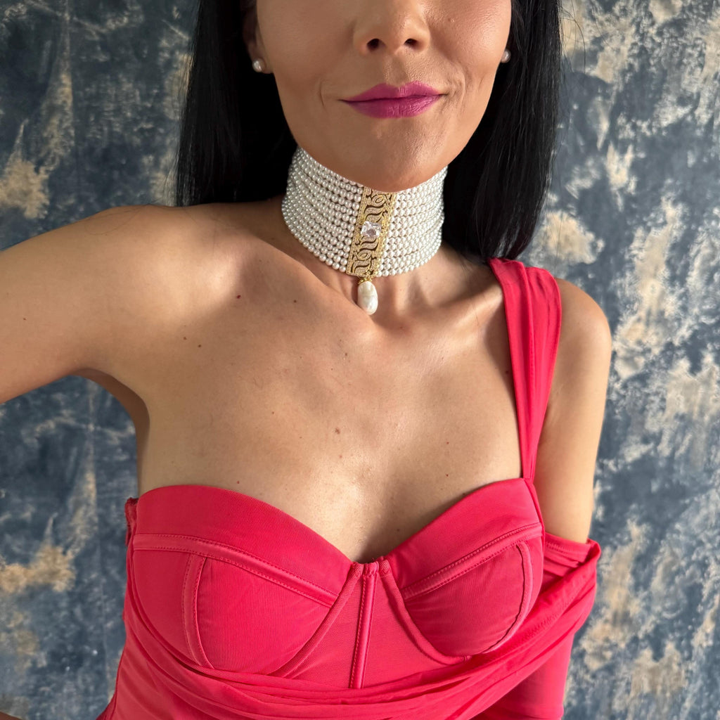 Victorian Style Choker Pearl Necklace Statement Piece Elegant Wedding Jewelry Bridal Accessory Formal Event Collection Luxury Design Teardrop Pendant Detail Multi Strand Construction Shell Pearl Material Sophisticated Evening Wear Special
