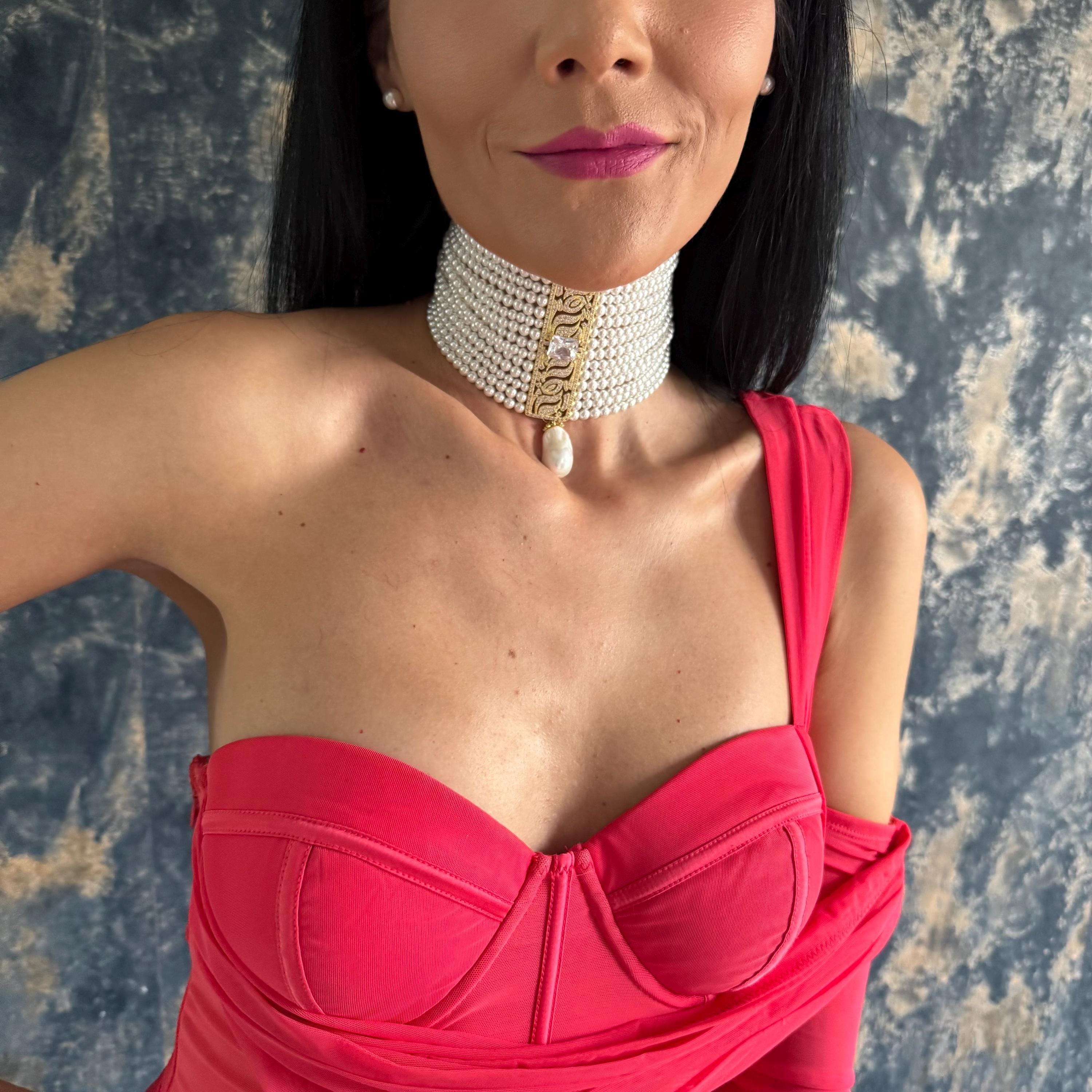 Victorian Style Choker Pearl Necklace Statement Piece Elegant Wedding Jewelry Bridal Accessory Formal Event Collection Luxury Design Teardrop Pendant Detail Multi Strand Construction Shell Pearl Material Sophisticated Evening Wear Special
