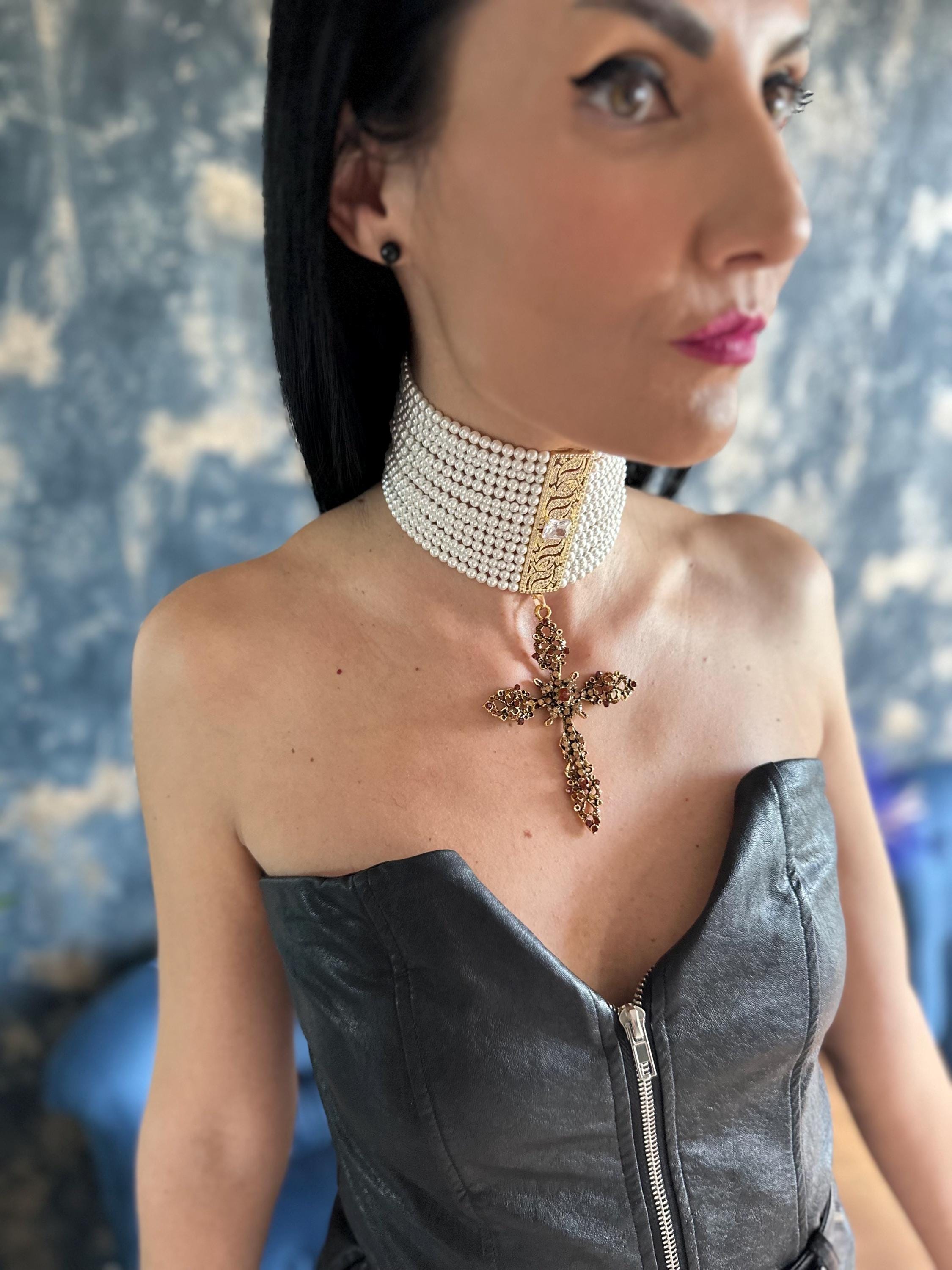 Layered Pearl Choker with Cross Pendant Gothic Baroque Statement Necklace Bridal Pearl Jewelry Vintage Ornate Metal Collar Wide Victorian