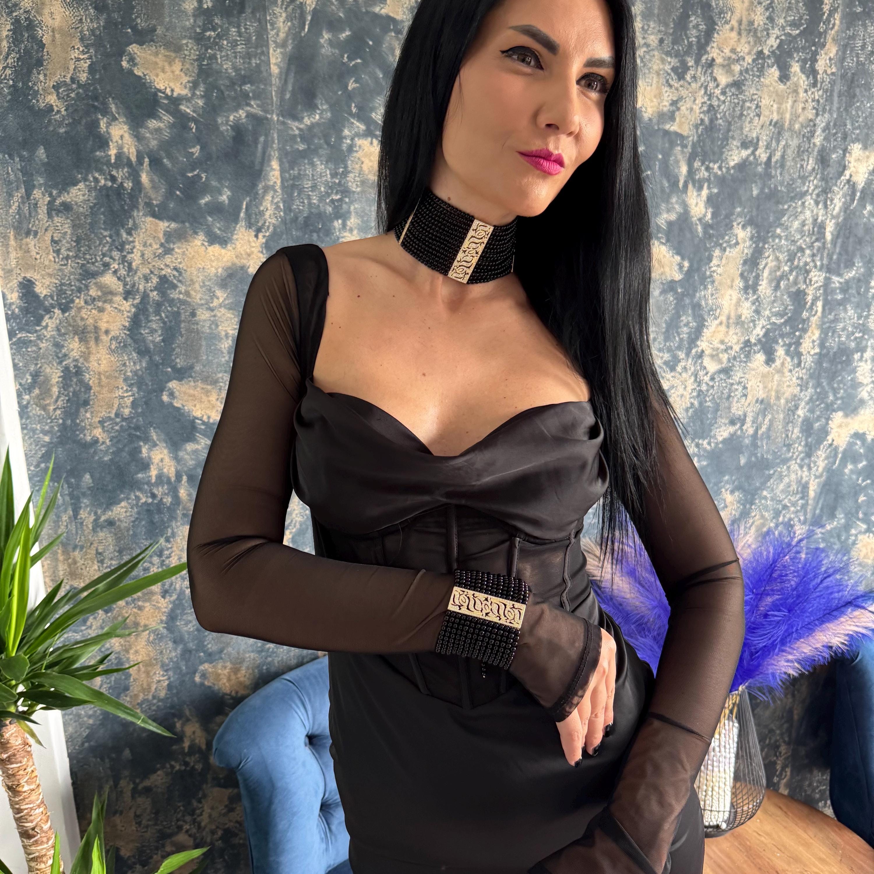 Unique Artisan Choker Wide Black Necklace Gold Accent Details Agate Beads Material Statement Piece Design Elegant Gothic Style Custom Length Option Formal Event Accessory Adjustable Size Range Handcrafted Quality Construction Special