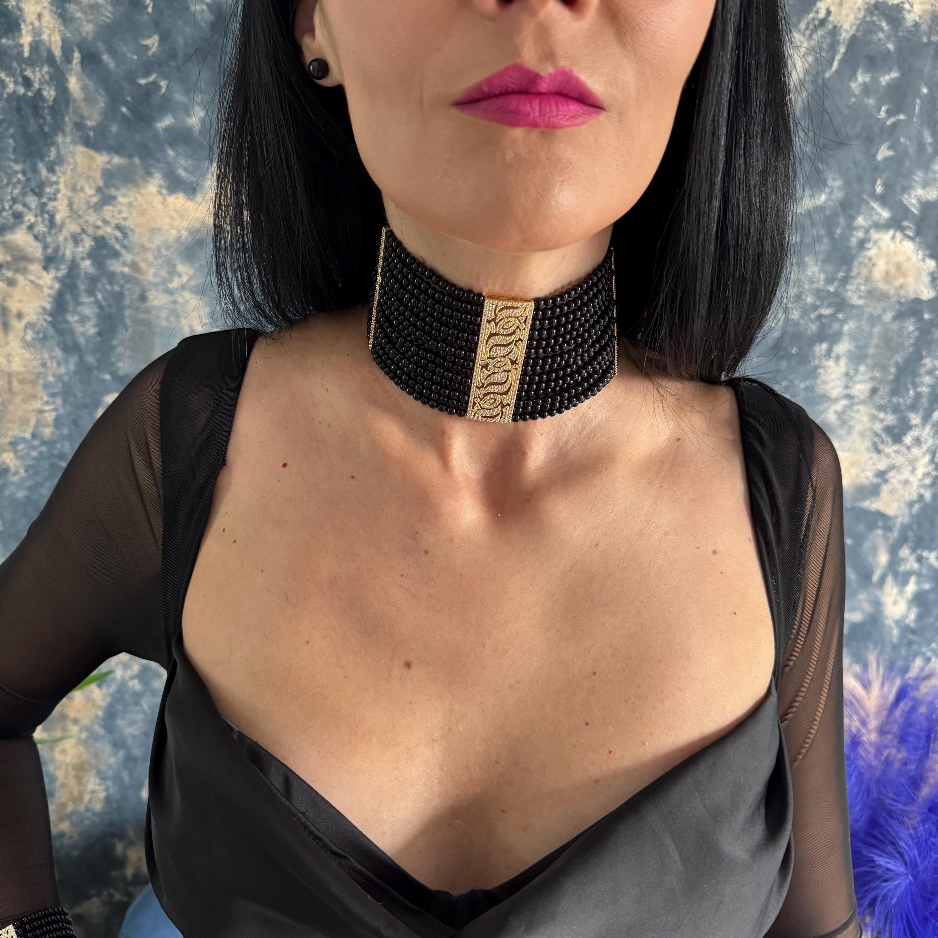 Gothic Style Choker Wide Black Necklace Statement Piece Design Gold Accent Details Agate Beads Material Elegant Formal Jewelry Custom Length Option Unique Artisan Crafted Special Event Accessory Dramatic Fashion Statement Adjustable Size