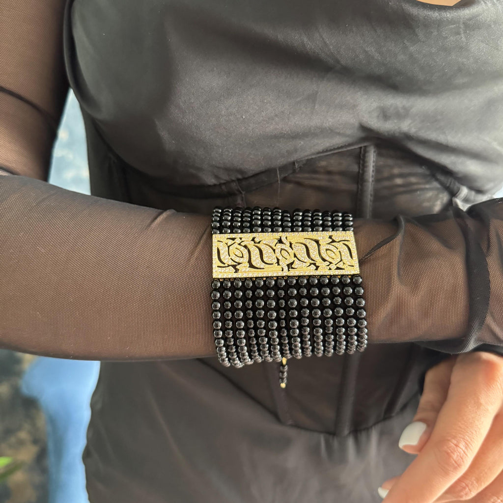 Black Agate Bracelet Wide Cuff Design Multiple Strands Beaded Construction Zircon Adorned Centerpiece Luxury Statement Jewelry Elegant Evening Accessory Formal Wear Collection Gold Platinum Finish Options Adjustable Length Custom Fit