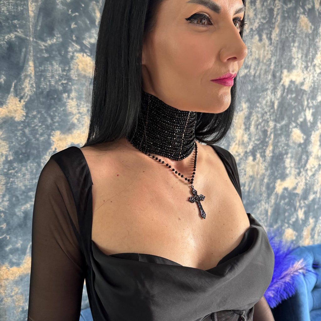 Victorian Inspired Choker Black Gothic Necklace Design Cross Pendant Feature Rosary Chain Element Multiple Row Construction Faceted Glass Beads Elegant Collar Style Alternative Fashion Accessory Statement Jewelry Piece Luxury Gothic