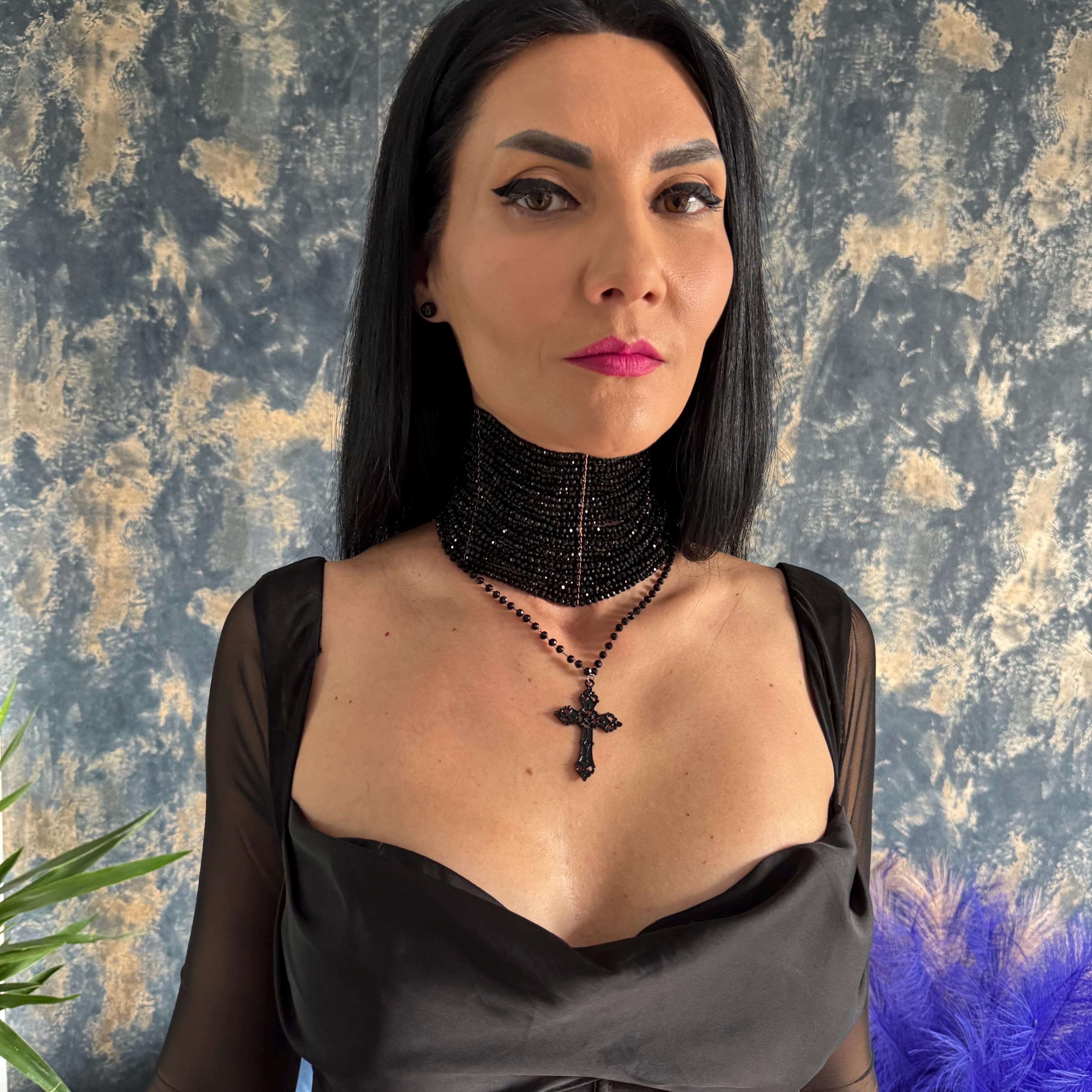 Alternative Fashion Necklace Black Gothic Choker Design Statement Jewelry Cross Pendant Feature Rosary Chain Detail Multiple Row Construction Faceted Glass Beads Elegant Collar Style Dark Fashion Accessory Victorian Inspired Elements Luxury