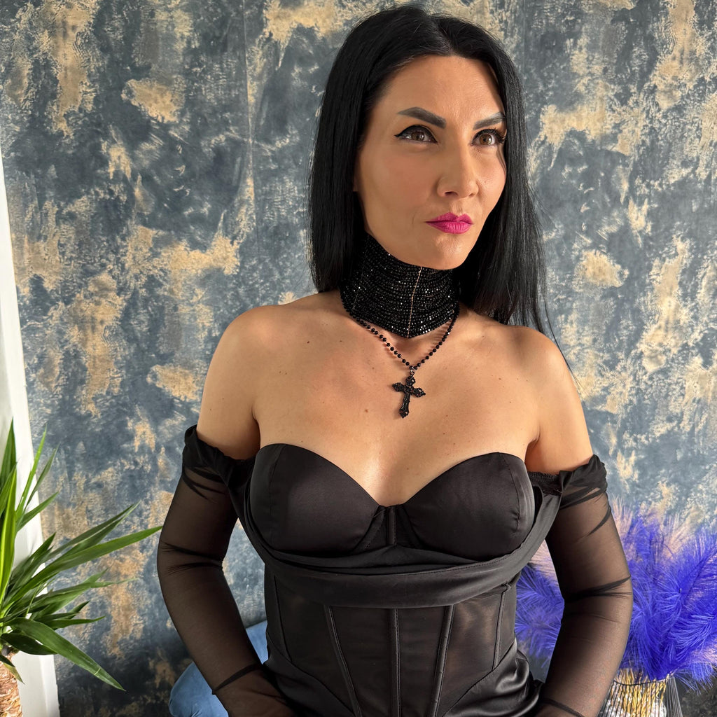 Victorian Inspired Choker Black Gothic Necklace Design Cross Pendant Feature Rosary Chain Element Multiple Row Construction Faceted Glass Beads Elegant Collar Style Alternative Fashion Accessory Statement Jewelry Piece Luxury Gothic