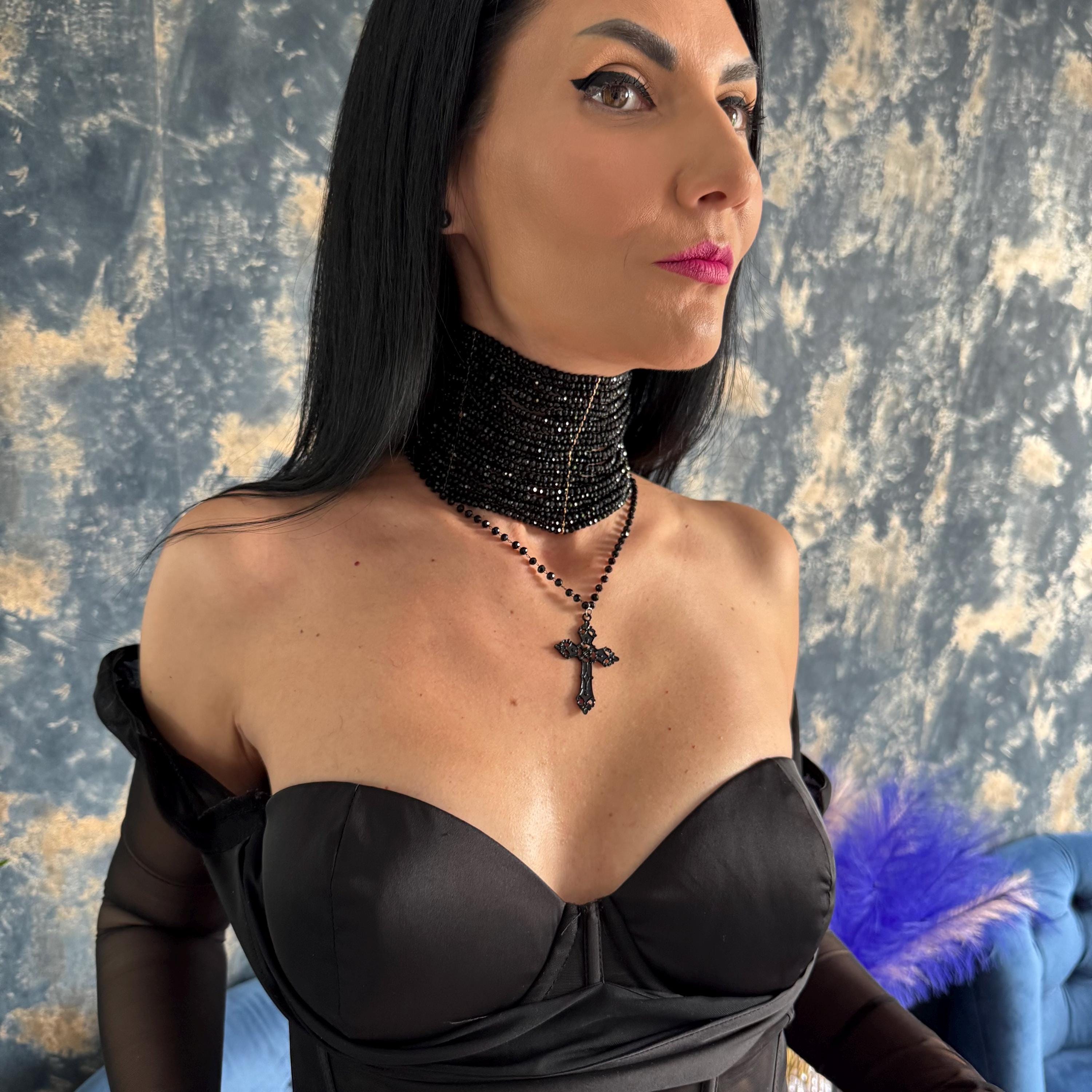 Victorian Inspired Choker Black Gothic Necklace Design Cross Pendant Feature Rosary Chain Element Multiple Row Construction Faceted Glass Beads Elegant Collar Style Alternative Fashion Accessory Statement Jewelry Piece Luxury Gothic
