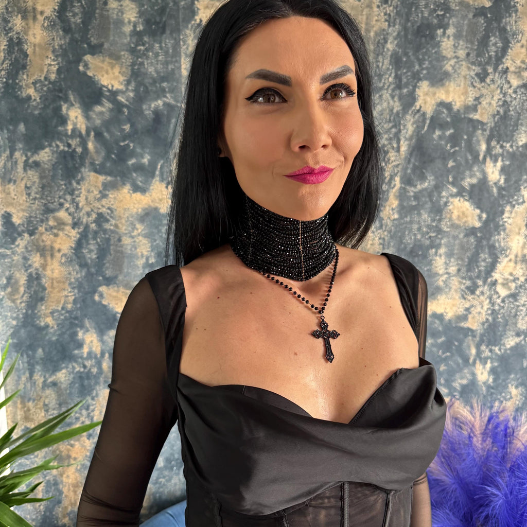 Victorian Inspired Choker Black Gothic Necklace Design Cross Pendant Feature Rosary Chain Element Multiple Row Construction Faceted Glass Beads Elegant Collar Style Alternative Fashion Accessory Statement Jewelry Piece Luxury Gothic
