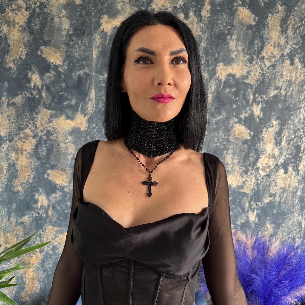 Victorian Inspired Choker Black Gothic Necklace Design Cross Pendant Feature Rosary Chain Element Multiple Row Construction Faceted Glass Beads Elegant Collar Style Alternative Fashion Accessory Statement Jewelry Piece Luxury Gothic