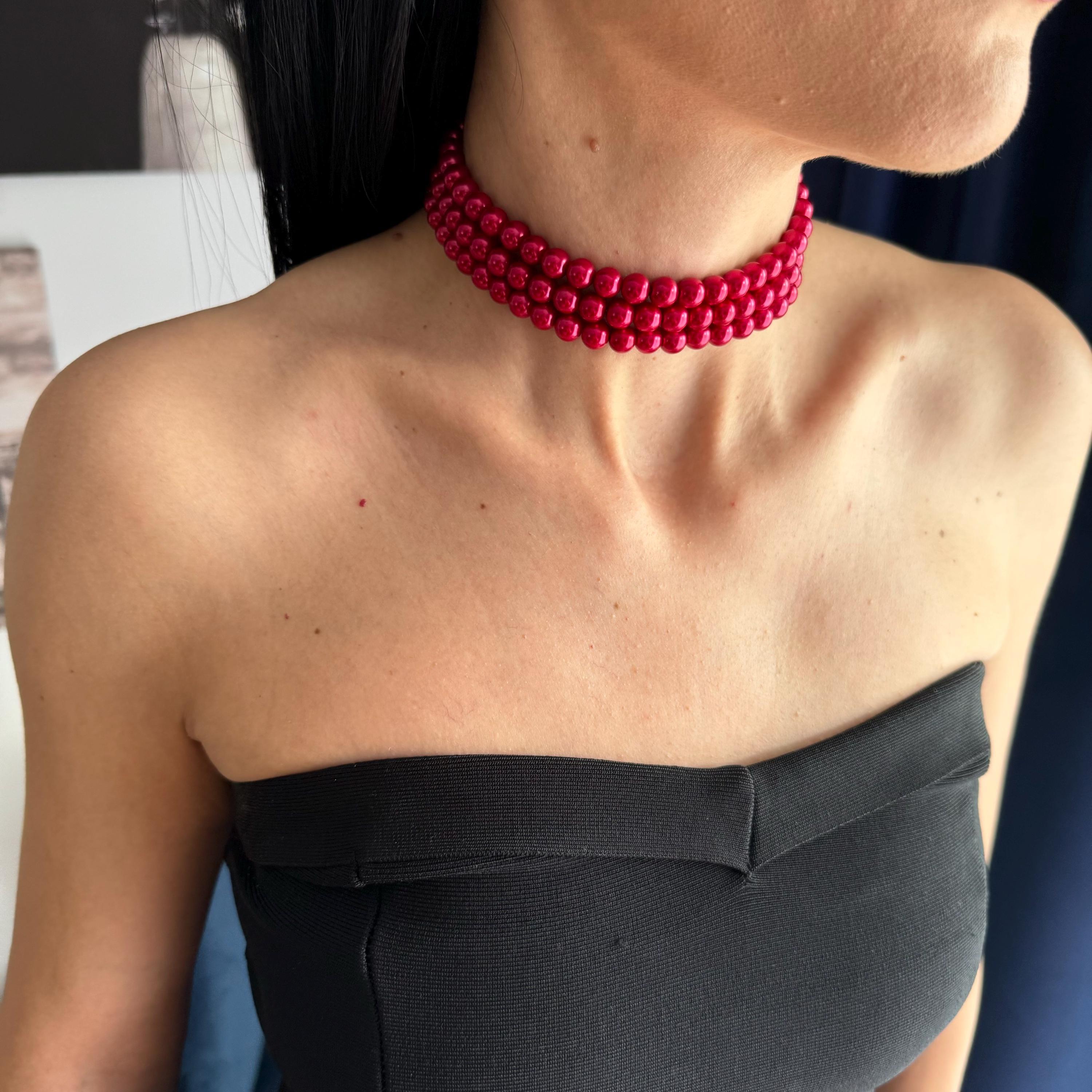 Red Pearl Choker Necklace Wedding Jewelry Bridesmaid Accessory Three Strand Design Elegant Statement Piece Layered Pearl Collection Bridal Party Gift Formal Evening Wear Gold Rhinestone Clasp Special Occasion Jewelry Sophisticated Neckpiece