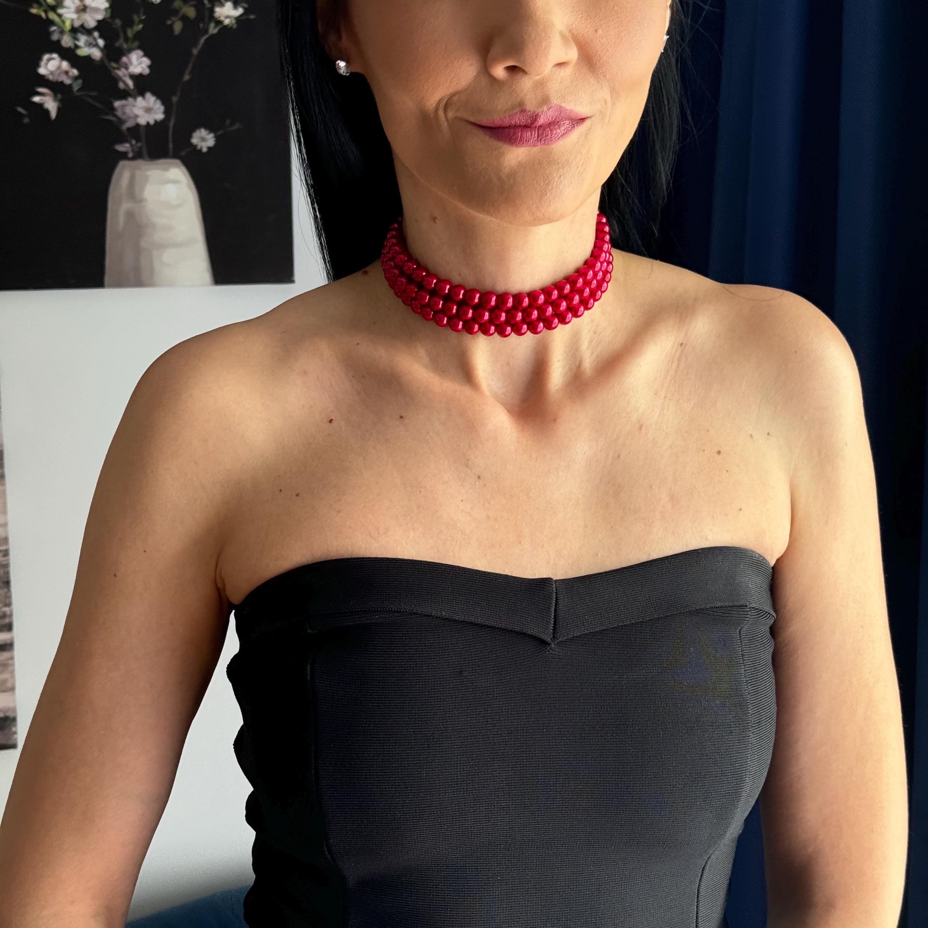 Multi Strand Necklace Red Pearl Choker Wedding Jewelry Collection Bridesmaid Gift Idea Elegant Statement Piece Perfect Mothers Day Present Special Occasion Jewelry Layered Design Feature Gold Clasp Detail Formal Evening Wear Sophisticated