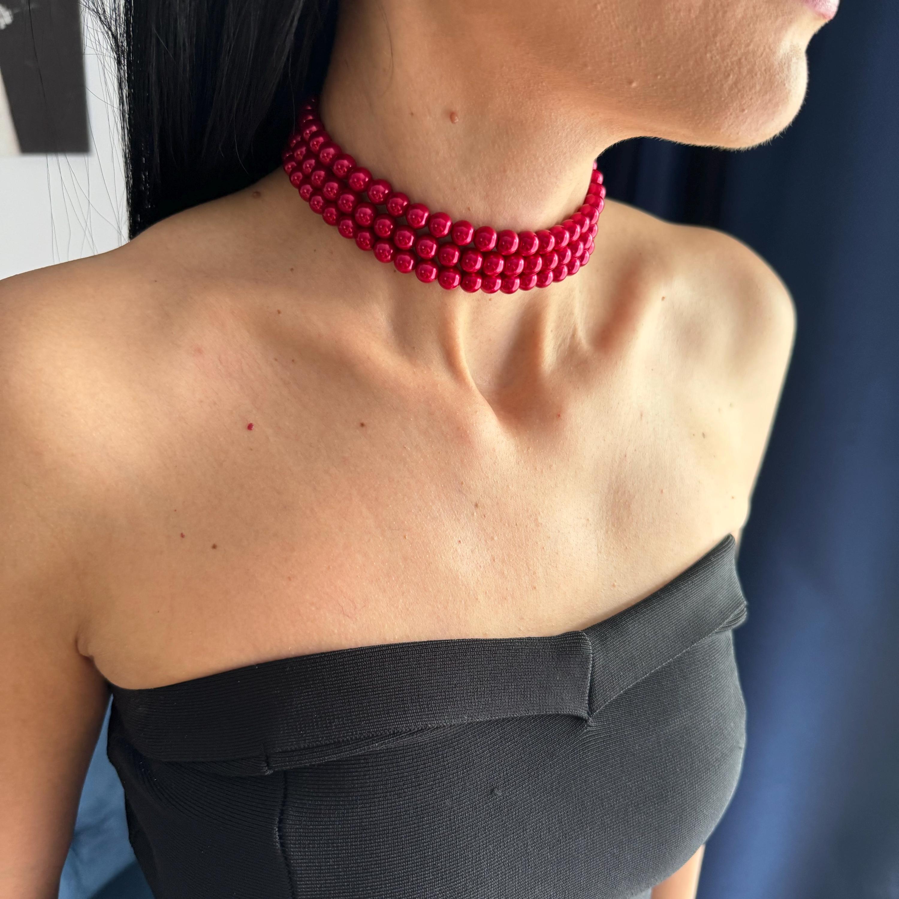 Three Strand Pearl Necklace Red Pearl Choker Design Elegant Wedding Jewelry Bridesmaid Accessory Collection Statement Neckpiece Perfect Gift Idea Special Occasion Wear Formal Evening Option Sophisticated Style Element Layered Fashion Piece