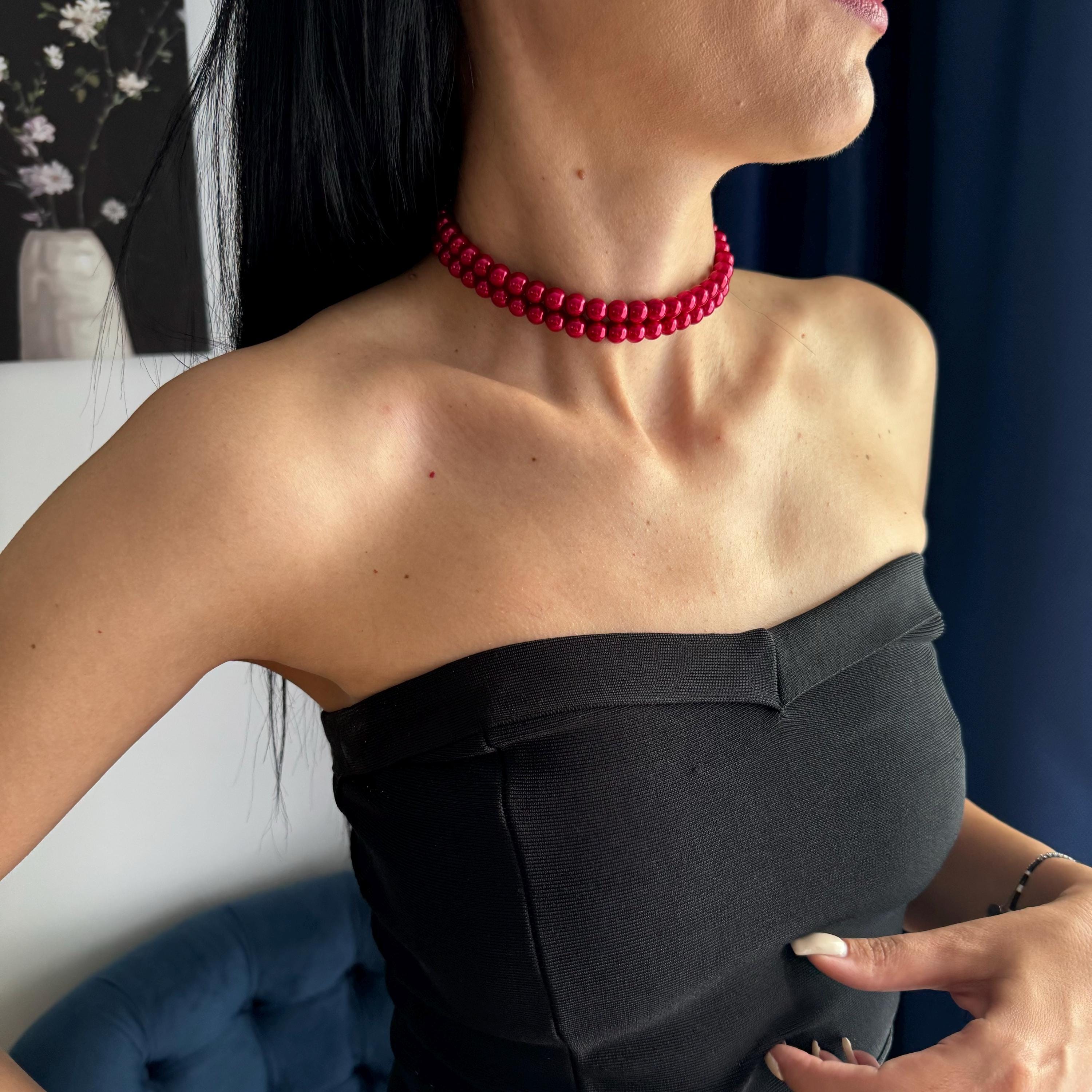 Red Pearl Choker Necklace Wedding Jewelry Bridesmaid Gift Elegant Multi Layer Strand Design Beautiful Statement Piece Perfect Bridal Party Accessory Two Layer Pearl Creation Rhinestone Clasp Detail Gold Silver Options Available Special