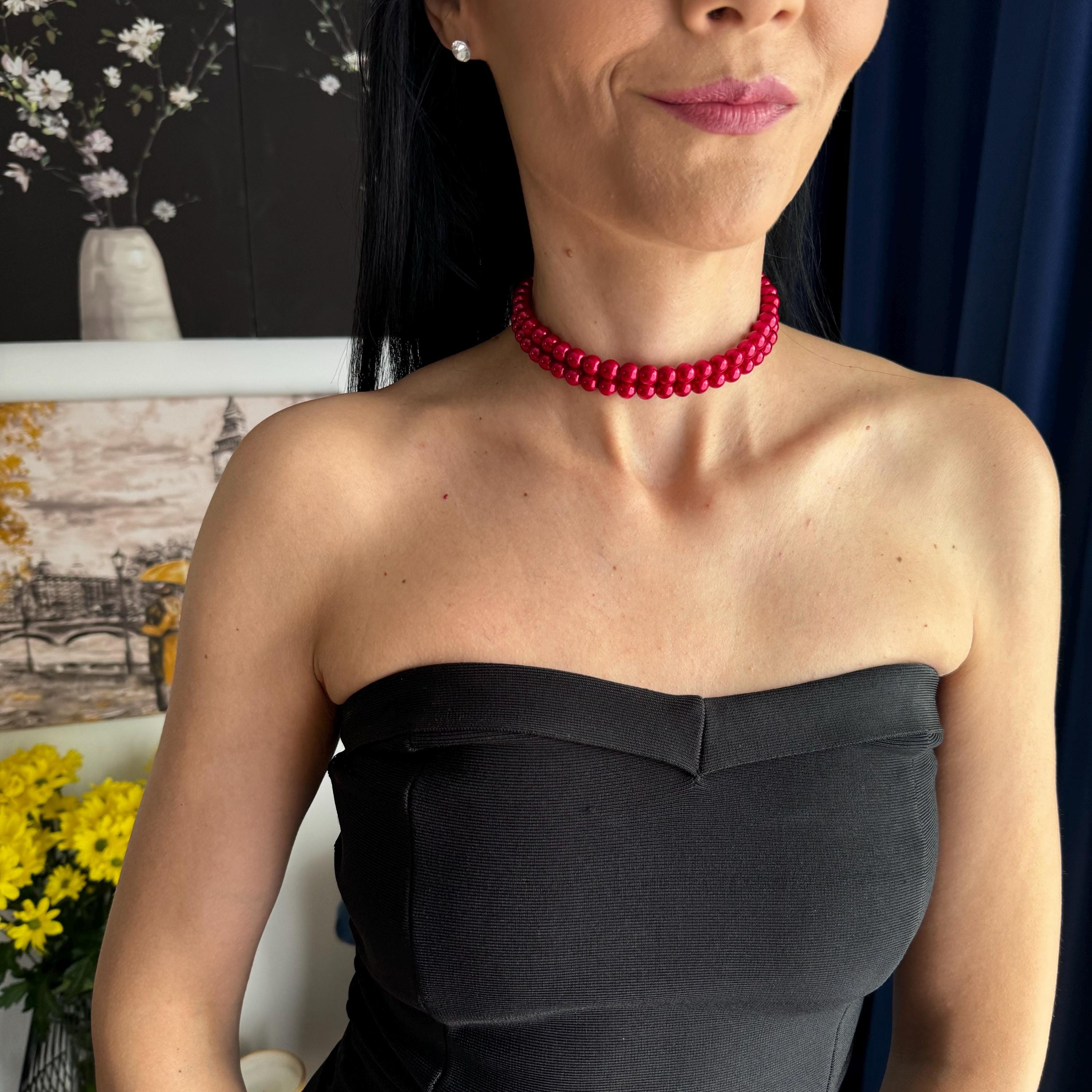 Layered Pearl Choker Red Necklace Design Wedding Jewelry Collection Perfect Mothers Day Gift Beautiful Statement Piece Elegant Multi Strand Creation Quality Crafted Accessory Rhinestone Clasp Detail Gold Silver Options Available Special