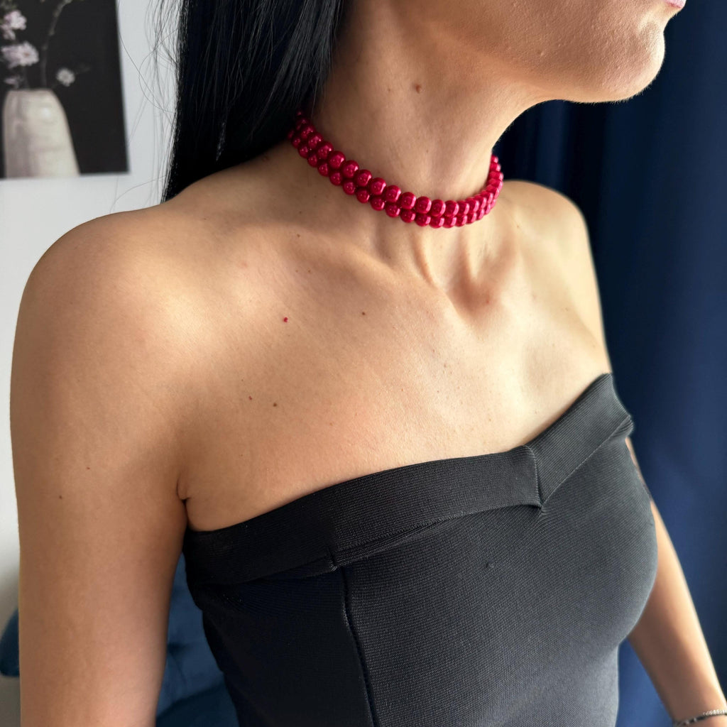 Two Strand Pearl Necklace Red Choker Design Quality Crafted Jewelry Elegant Layered Creation 8mm Pearl Size Rhinestone Clasp Detail Gold Silver Options Available Wedding Accessory Collection Perfect Bridesmaid Gift Beautiful Statement Piece