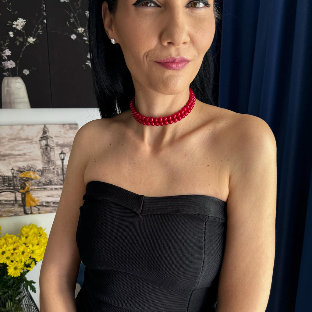 Multi Layer Pearl Necklace Red Choker Design Everyday Elegant Accessory Wedding Jewelry Option Perfect Gift Idea Beautiful Statement Piece Two Strand Creation Rhinestone Clasp Detail Gold Silver Options Available Special Occasion Essential