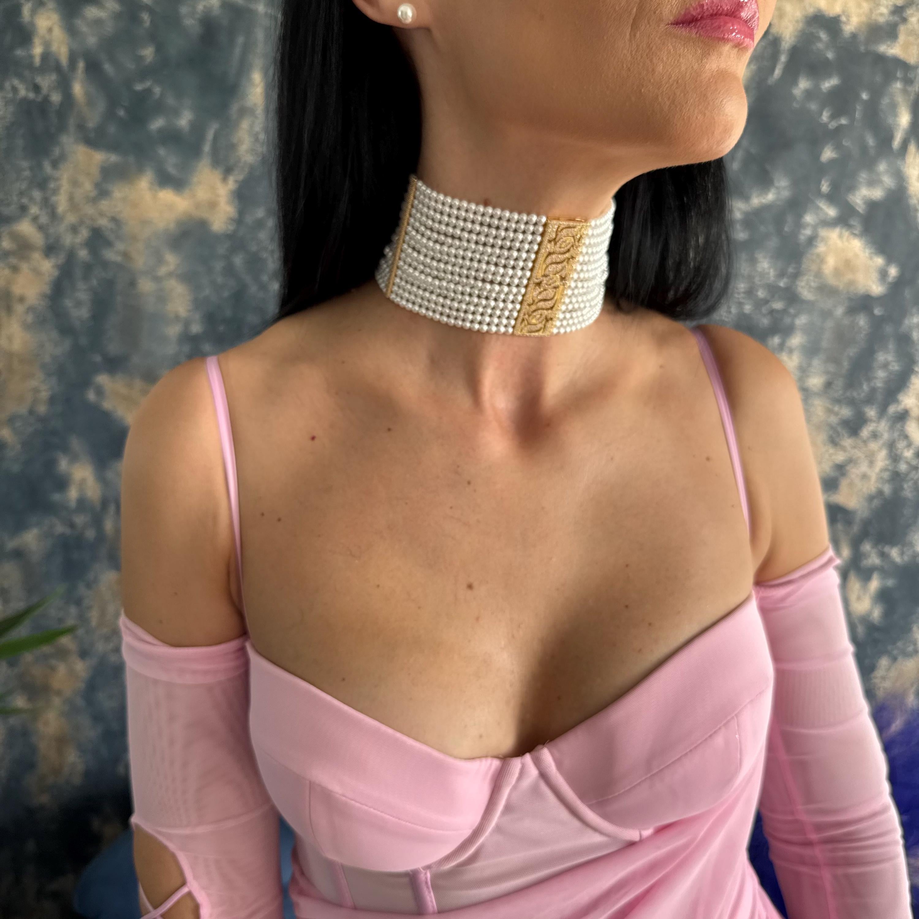 Multi Row Pearl Choker High Quality Shell Pearls Gold Plated Centerpiece Elegant Necklace Design Luxury Statement Jewelry Adjustable Length Feature Formal Event Accessory Wedding Collection Piece Bridal Gift Option Premium Craftsmanship