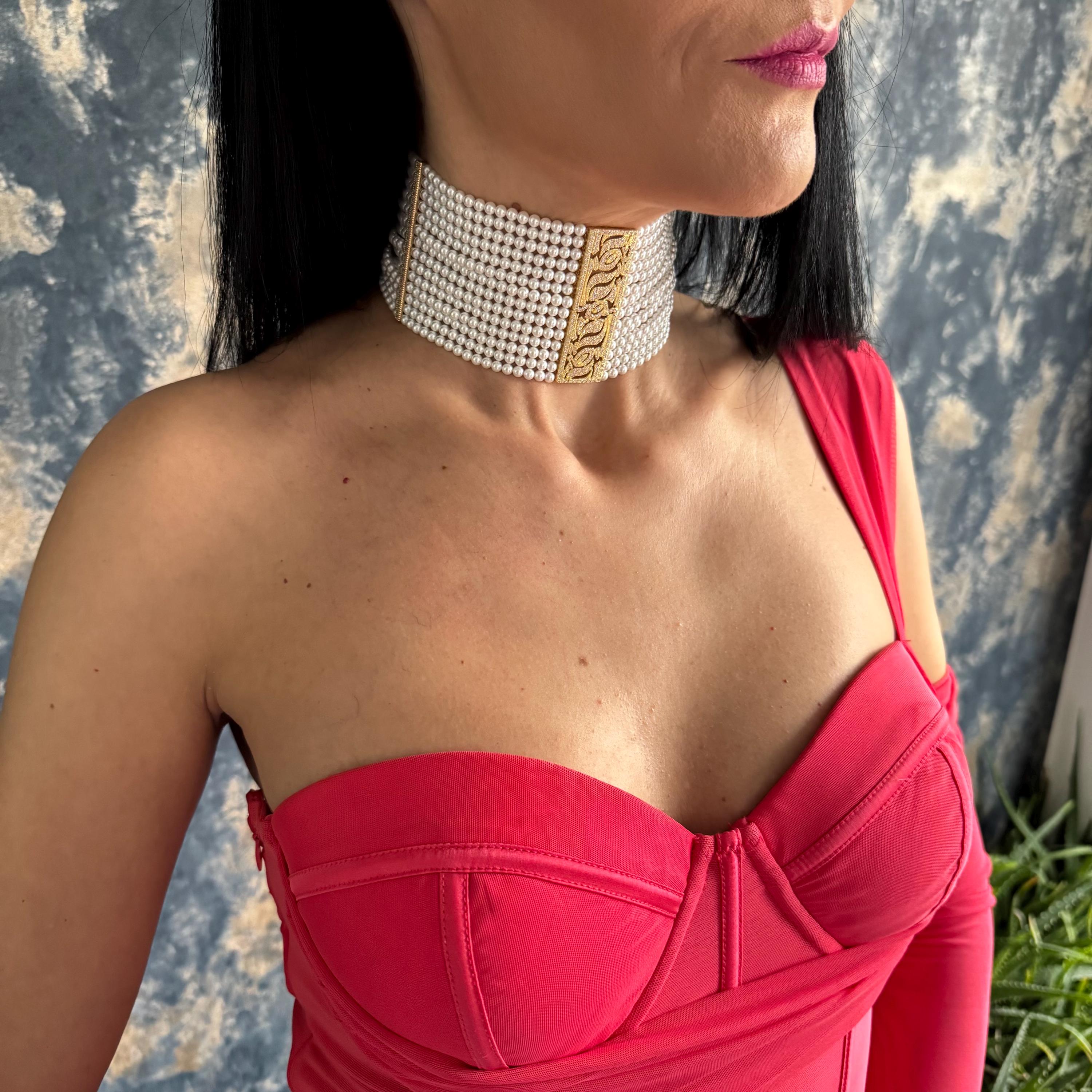 Pearl Choker Necklace Wedding Jewelry Elegant Bridal Accessory Luxury Statement Piece Gold Plated Design Multi Row Pearl Collection Formal Event Wear Special Occasion Jewelry Adjustable Length Option Premium Shell Pearls High Quality
