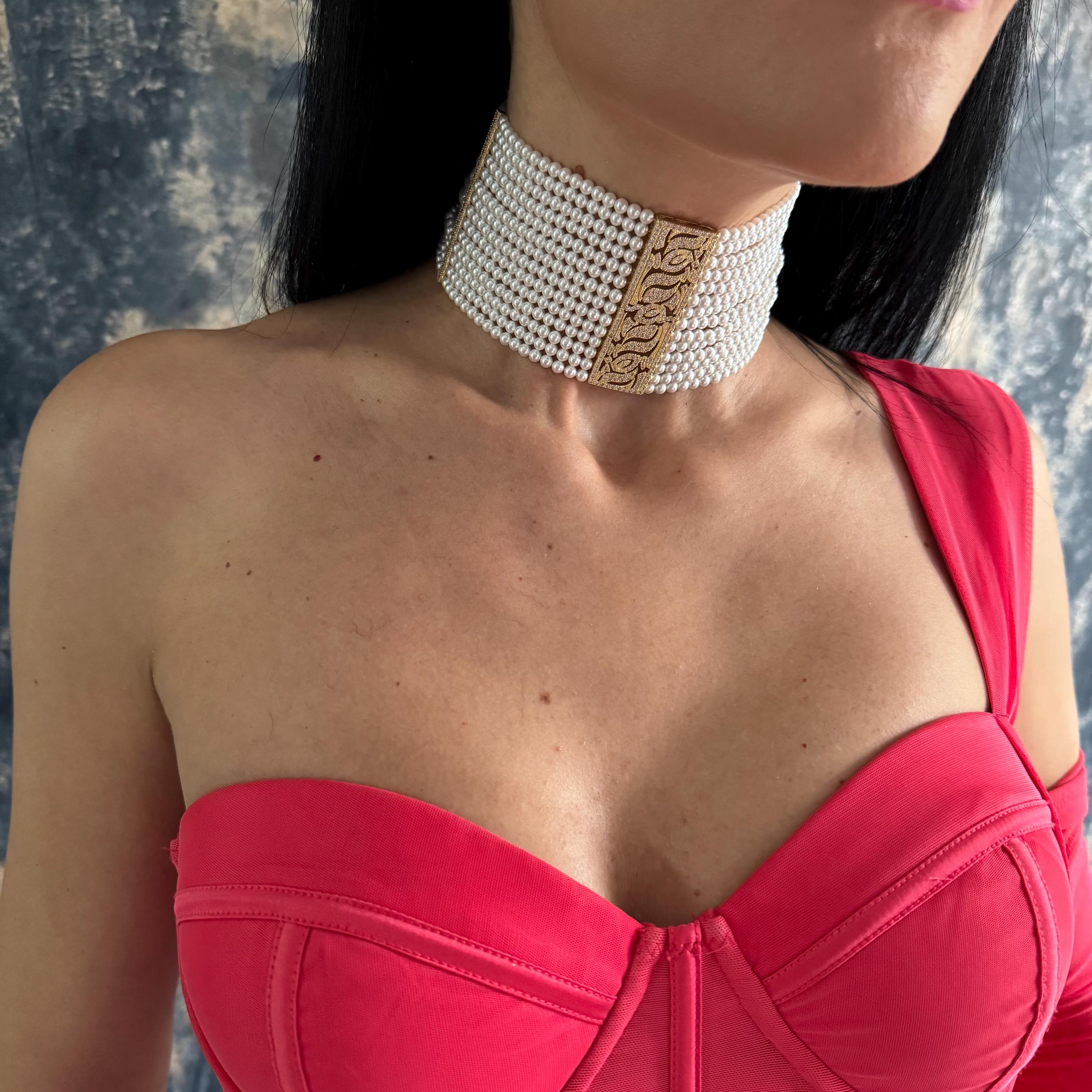 Multi Row Pearl Choker High Quality Shell Pearls Gold Plated Centerpiece Elegant Necklace Design Luxury Statement Jewelry Adjustable Length Feature Formal Event Accessory Wedding Collection Piece Bridal Gift Option Premium Craftsmanship