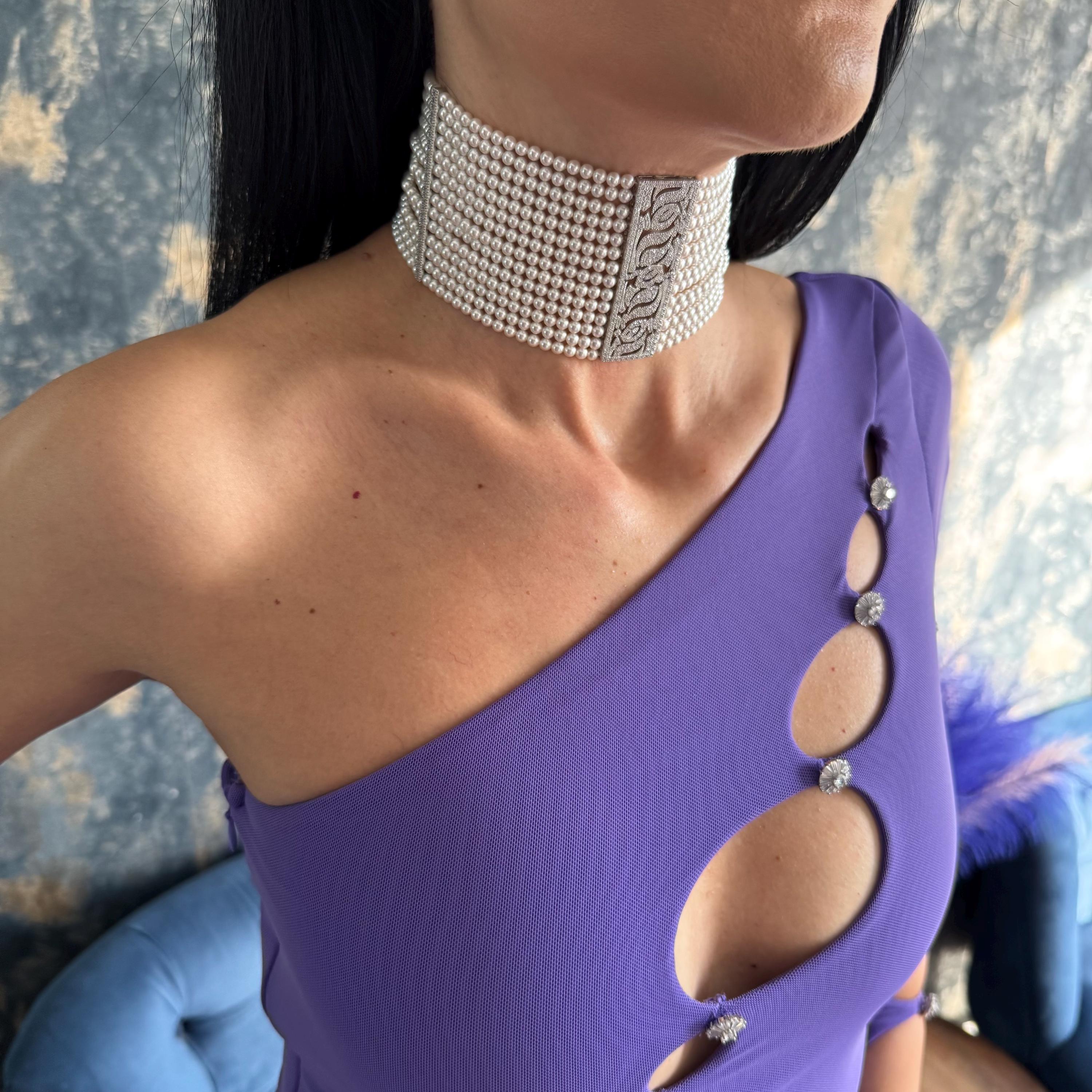 Pearl Choker Necklace Bridal Collection Wedding Day Jewelry Elegant Statement Piece Crystal Rhinestone Details Multi Strand Design Shell Pearls Platinum Plated Brass Customizable Length Formal Event Accessory Luxury Handcrafted Quality
