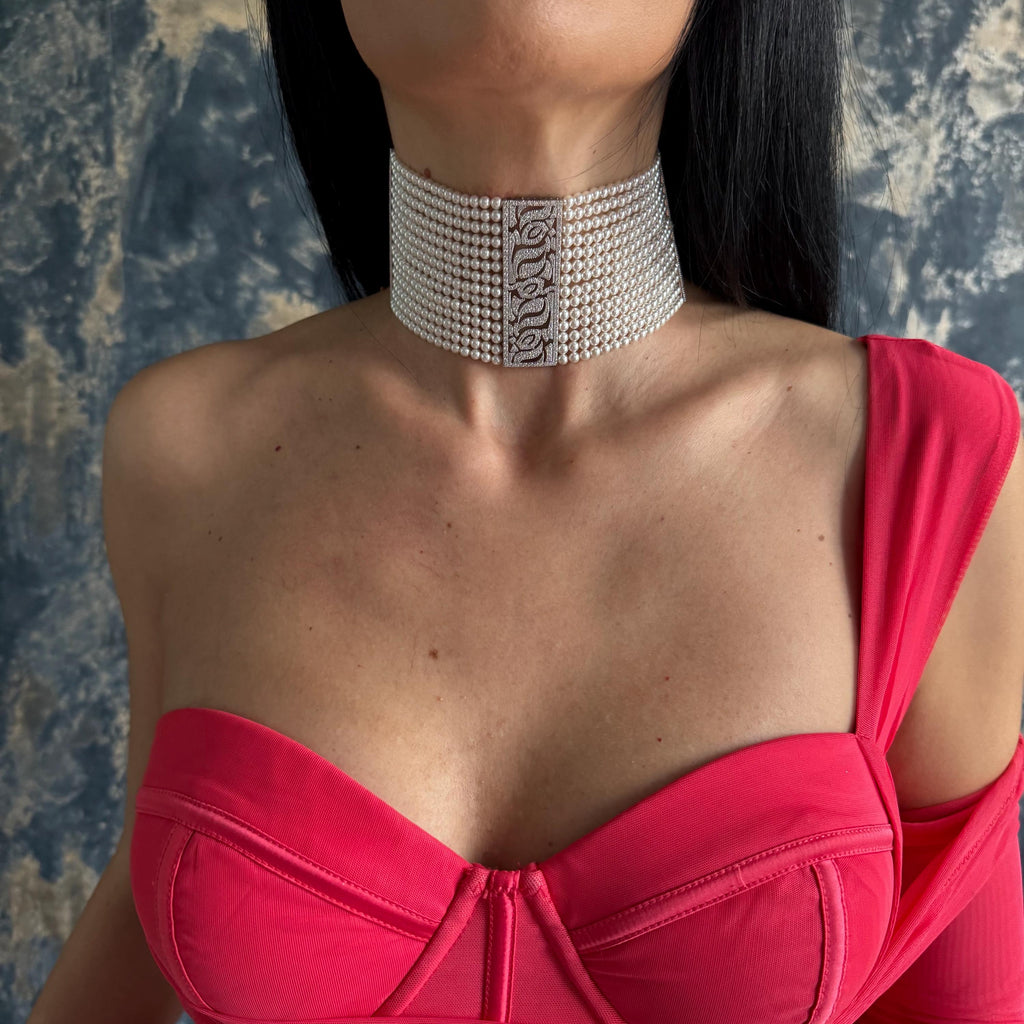 Pearl Choker Necklace Bridal Collection Wedding Day Jewelry Elegant Statement Piece Crystal Rhinestone Details Multi Strand Design Shell Pearls Platinum Plated Brass Customizable Length Formal Event Accessory Luxury Handcrafted Quality