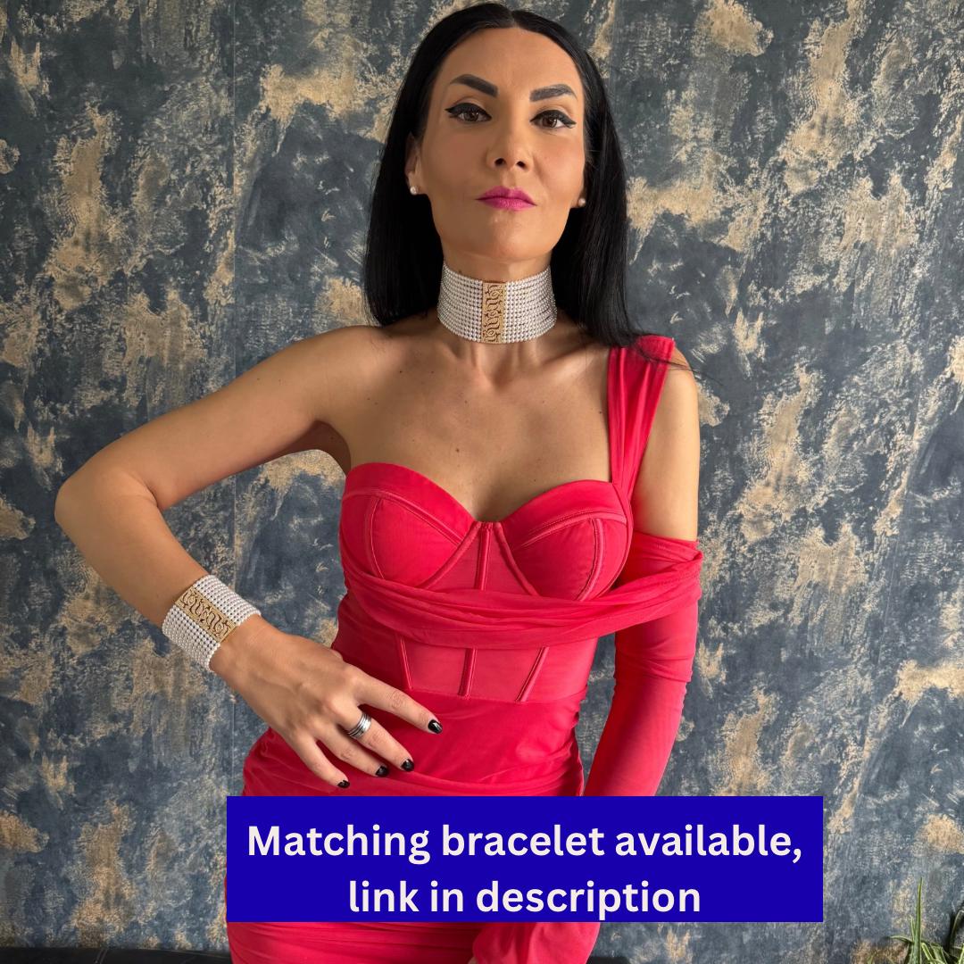 Pearl Choker Necklace Bridal Collection Wedding Day Jewelry Elegant Statement Piece Crystal Rhinestone Details Multi Strand Design Shell Pearls Platinum Plated Brass Customizable Length Formal Event Accessory Luxury Handcrafted Quality