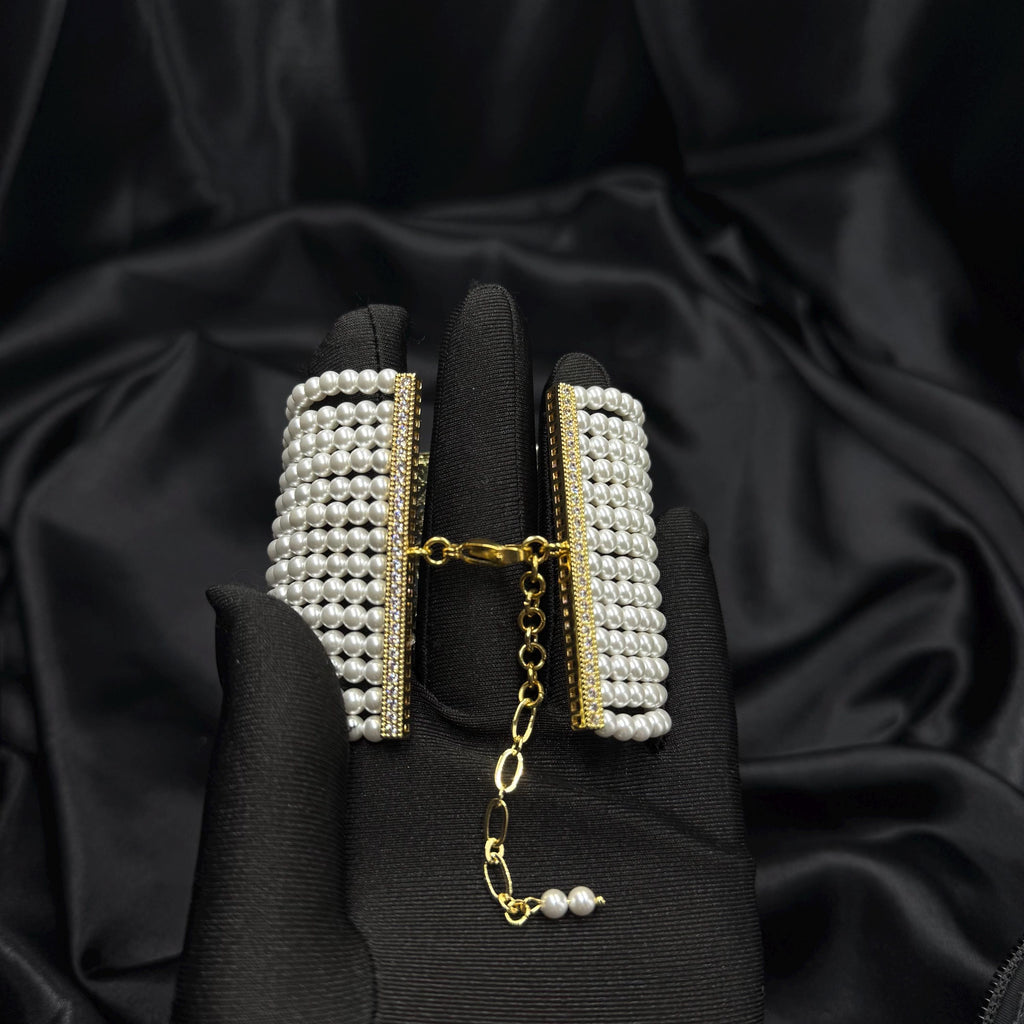 Luxury Gift Bracelet Pearl Statement Design Wedding Jewelry Collection Elegant Accessory Option Premium Shell Pearls Multi Strand Arrangement Wide Cuff Style Customizable Length Feature Gold Plated Finish Platinum Alternative Option Bridal