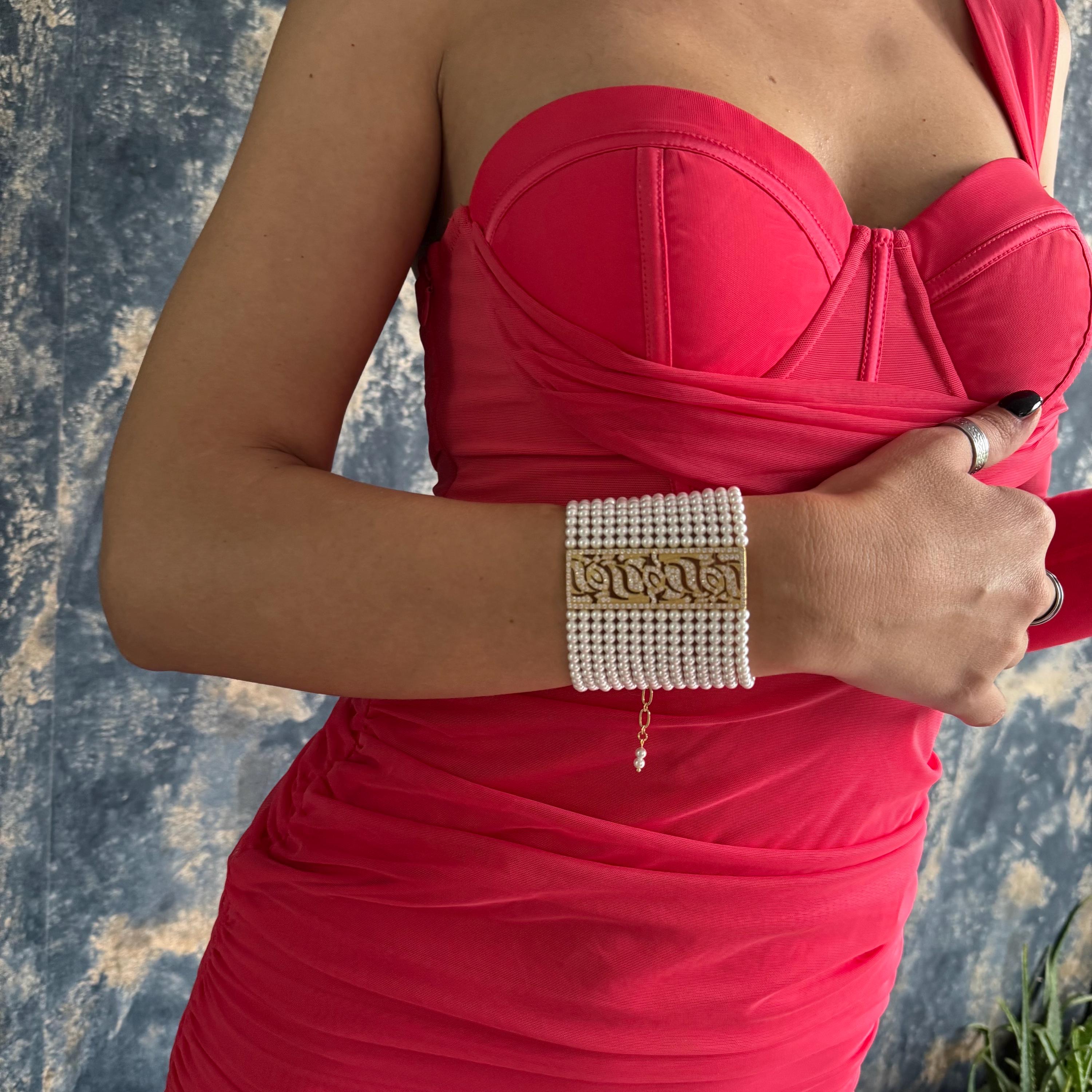 Pearl Statement Bracelet Bridal Wrist Accessory Elegant Wedding Jewelry Multi Strand Design Wide Cuff Style Gold Plated Option Platinum Finish Alternative Customizable Length Adjustment Premium Shell Pearls Luxury Appearance Special
