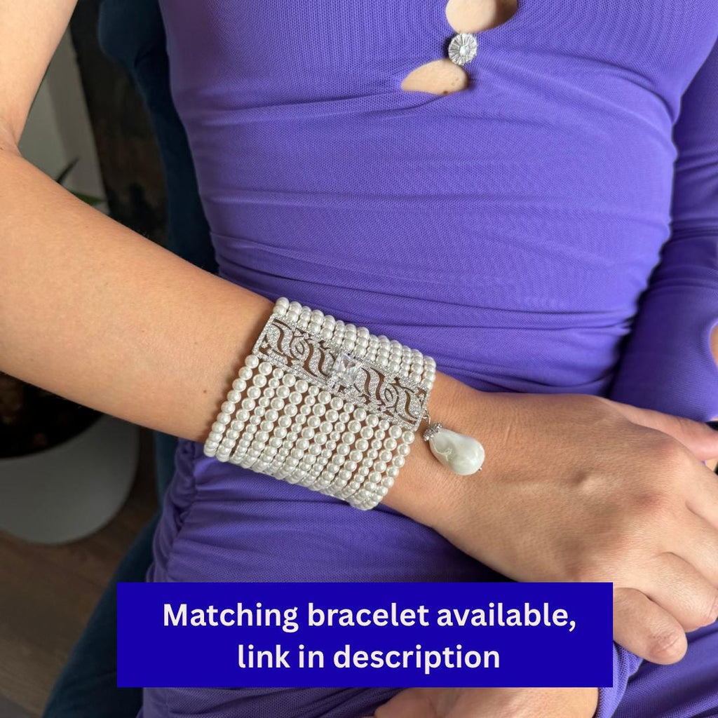 Luxury Pearl Jewelry Wide Choker Necklace Statement Piece Design Multiple Strand Construction Shell Pearl Elements Teardrop Pendant Feature Zircon Detailed Centerpiece Wedding Celebration Accessory Formal Occasion Jewelry Special Event
