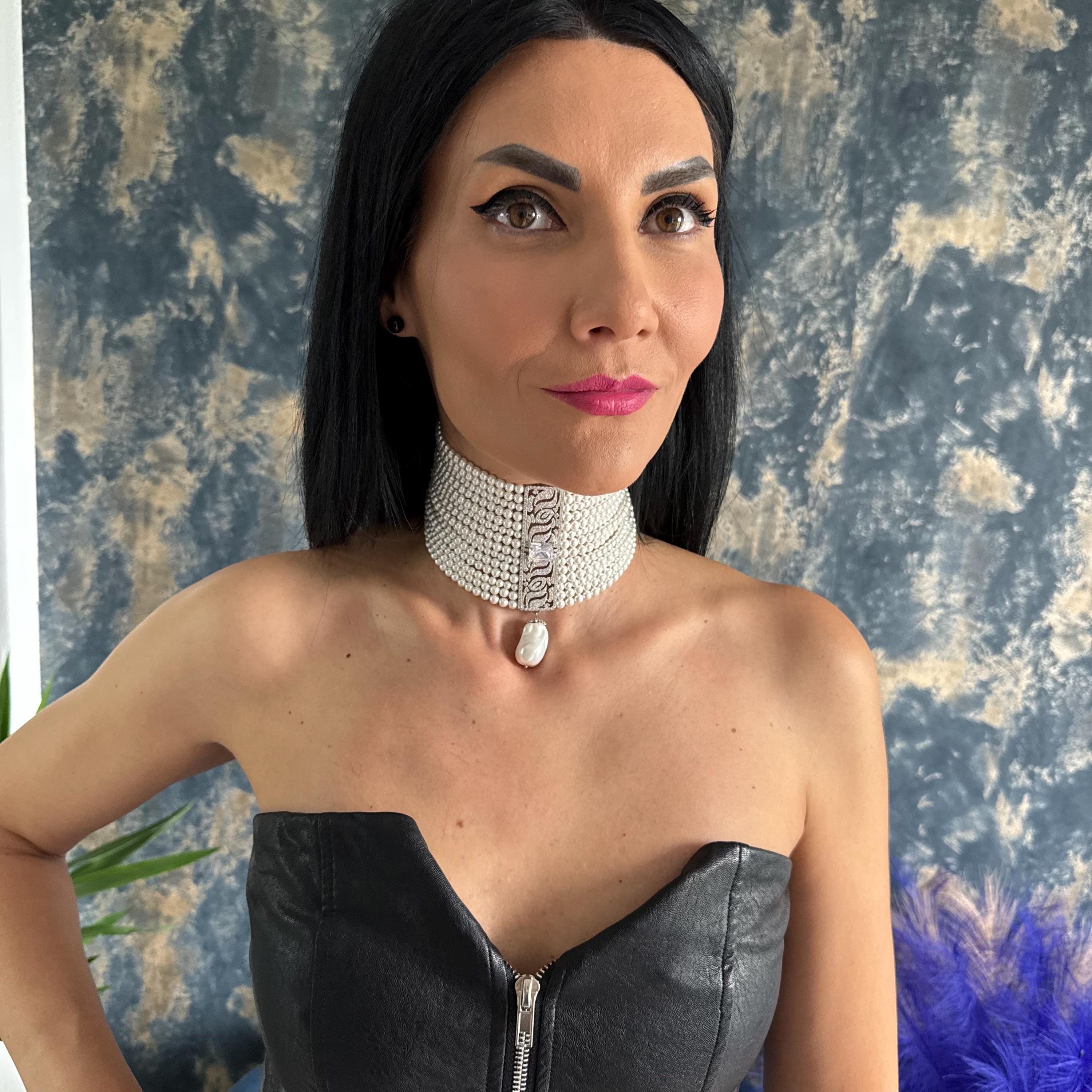 Wide Pearl Choker Necklace Statement Jewelry Piece Multiple Strand Design Shell Pearl Collection Luxury Wedding Accessory Formal Event Jewelry Special Occasion Piece Elegant Teardrop Pendant Zircon Detail Centerpiece Customizable Length