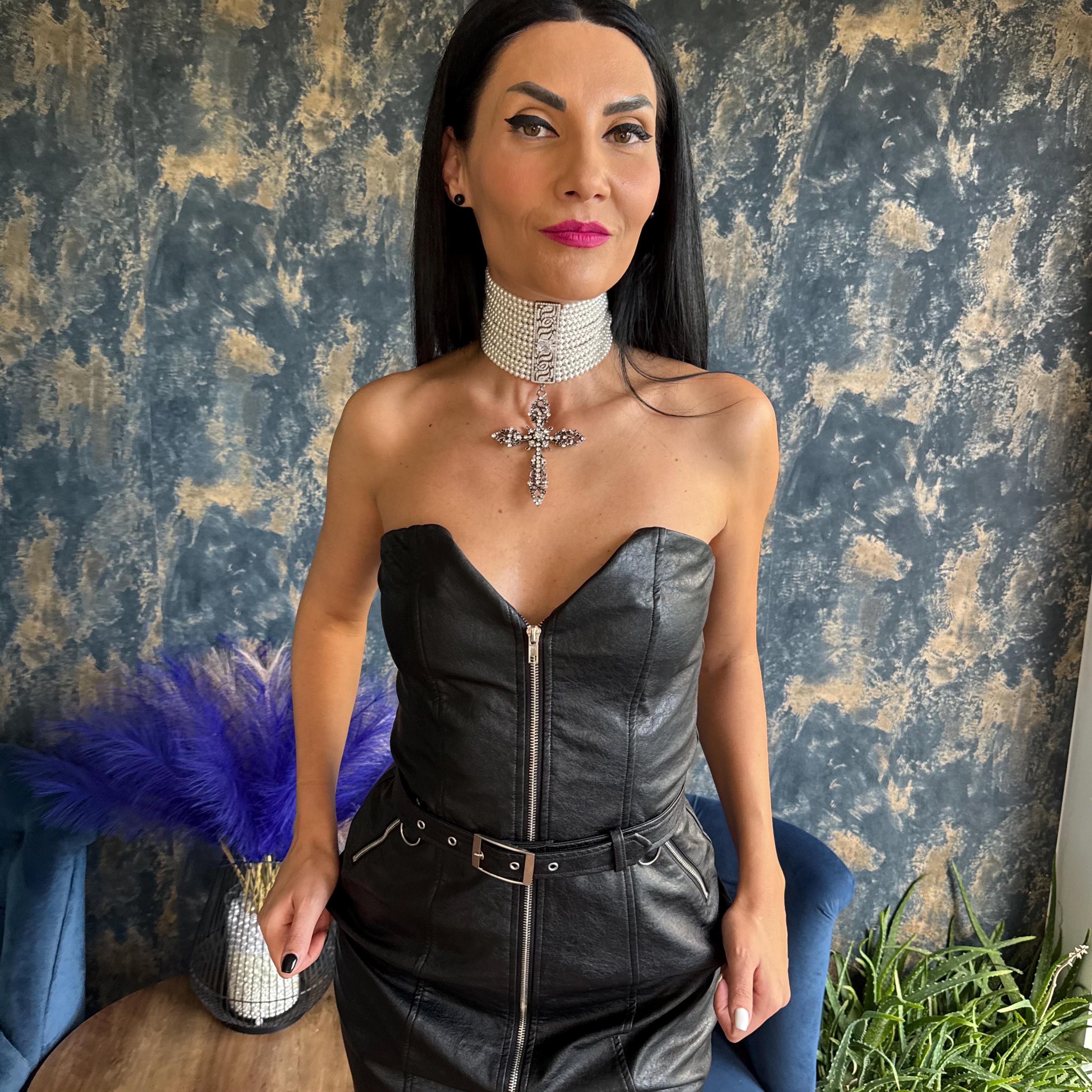 Gothic Cross Pendant Chunky Pearl Choker Victorian Style Necklace Statement Jewelry Collection Multi Strand Design Crystal Embellished Centerpiece Religious Symbol Accessory Premium Quality Construction Customizable Length Option Formal