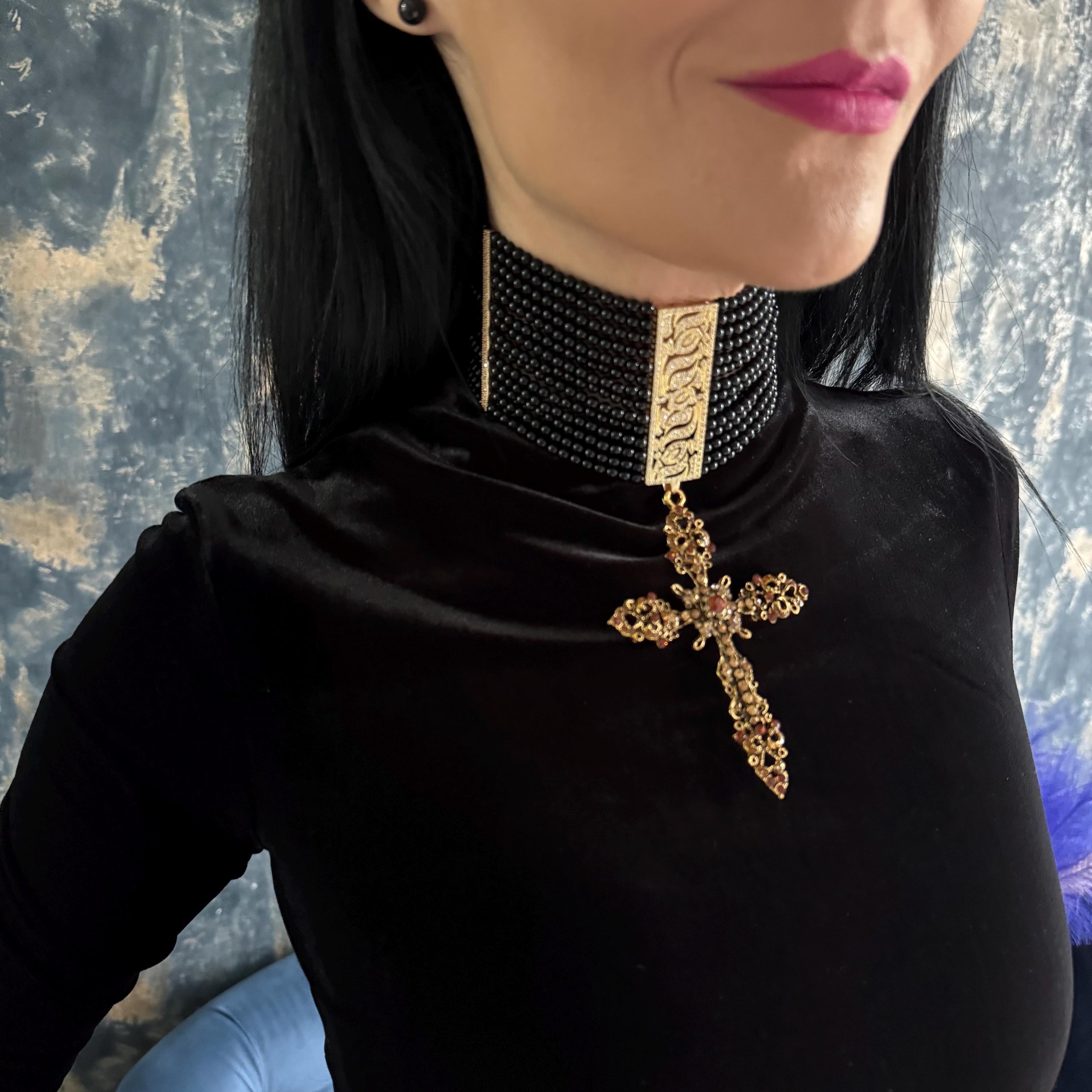 Black Agate Choker Necklace Gothic Cross Pendant Gold Plated Centerpiece Statement Collar Design Elegant Neck Adornment Crystal Details Zircon Accents Premium Stone Quality Adjustable Length Secure Clasp Gothic Fashion Accessory Evening