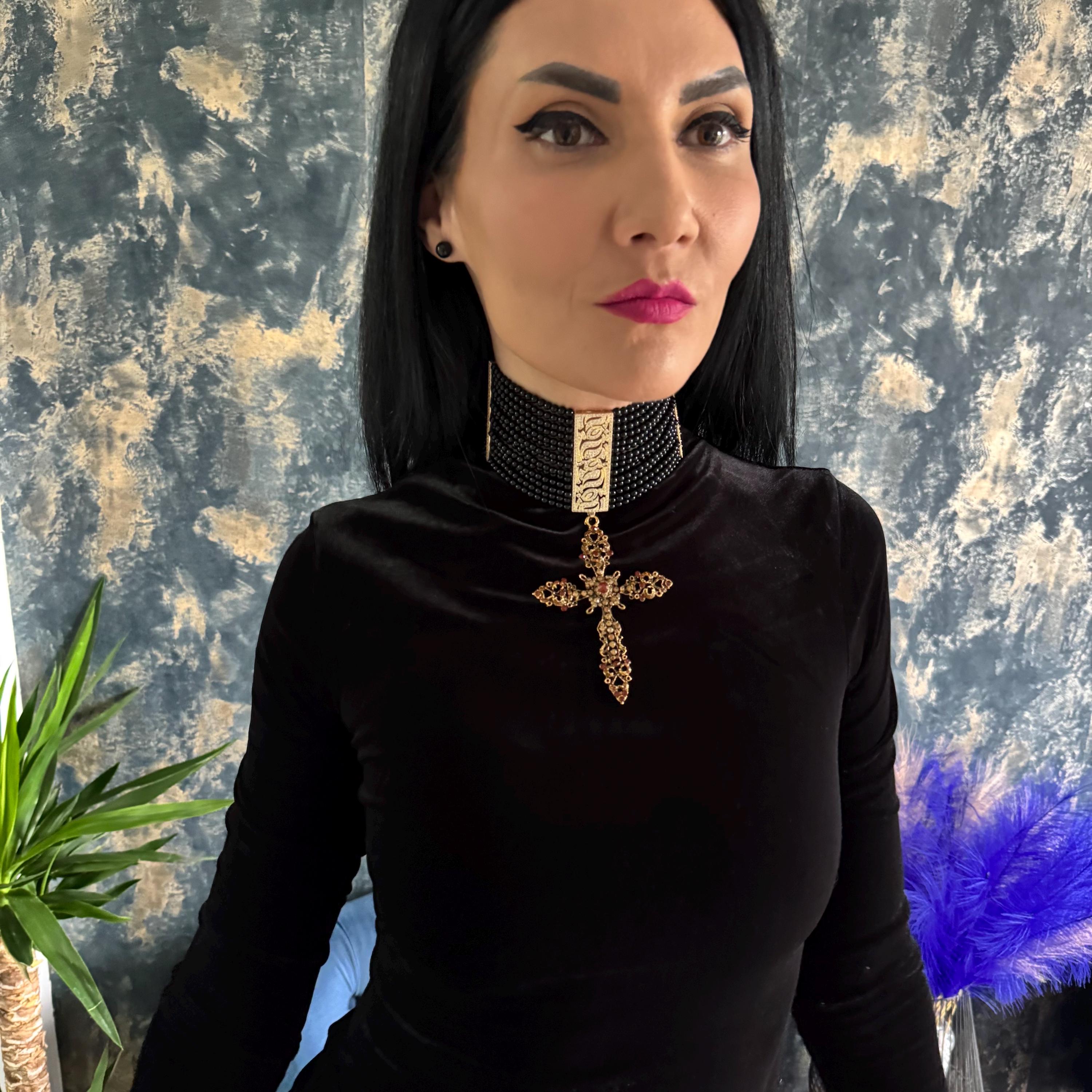 Handcrafted Black Choker Necklace Agate Stone Material Gothic Cross Pendant Gold Plated Centerpiece Crystal Details Zircon Accents Statement Collar Design Elegant Neck Adornment Adjustable Length Options Customizable Size Range Premium