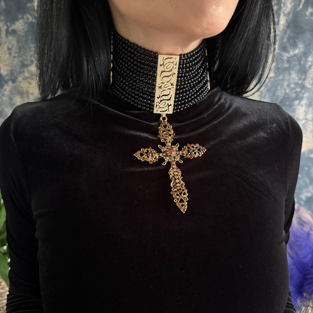 Handcrafted Black Choker Necklace Agate Stone Material Gothic Cross Pendant Gold Plated Centerpiece Crystal Details Zircon Accents Statement Collar Design Elegant Neck Adornment Adjustable Length Options Customizable Size Range Premium