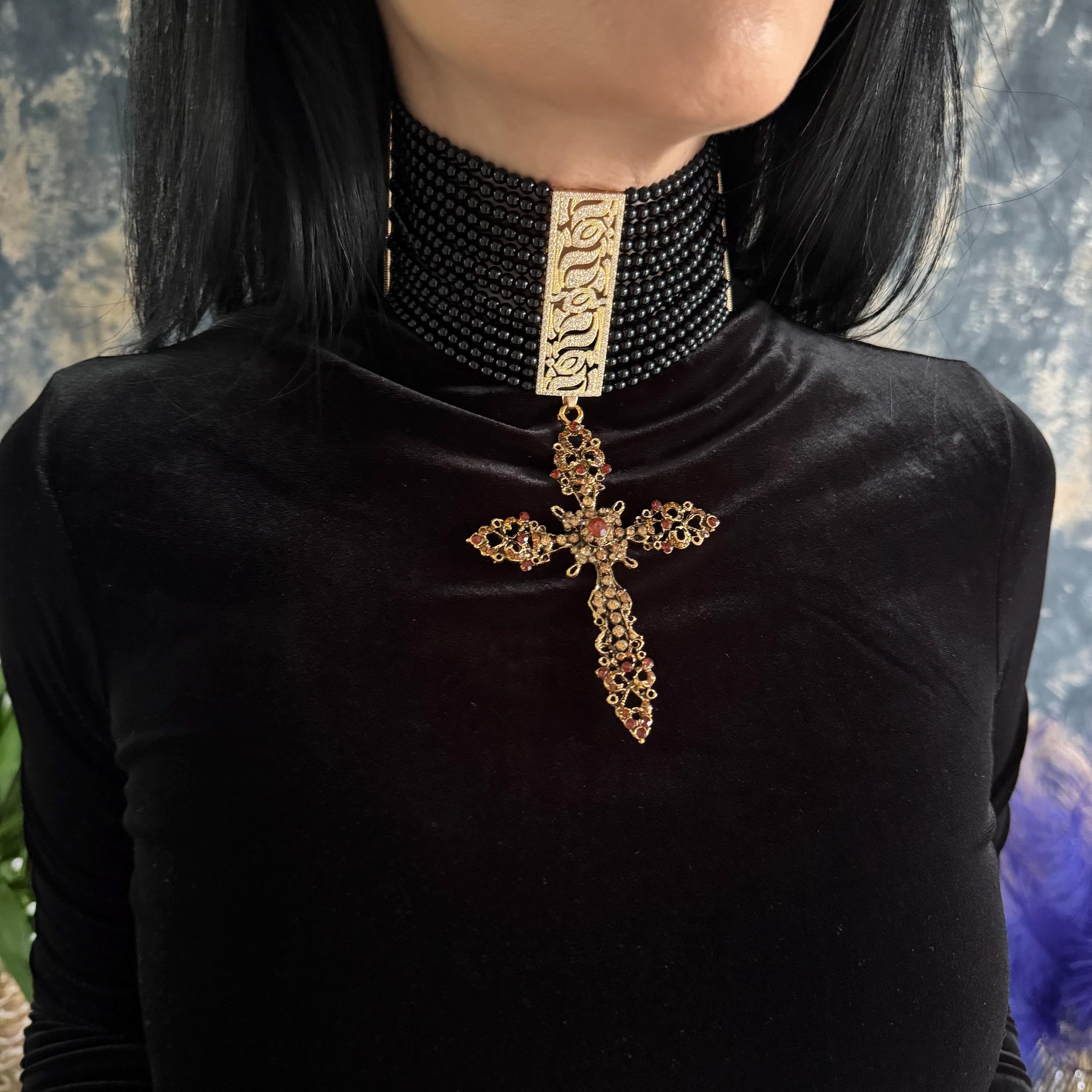 Handcrafted Black Choker Necklace Agate Stone Material Gothic Cross Pendant Gold Plated Centerpiece Crystal Details Zircon Accents Statement Collar Design Elegant Neck Adornment Adjustable Length Options Customizable Size Range Premium