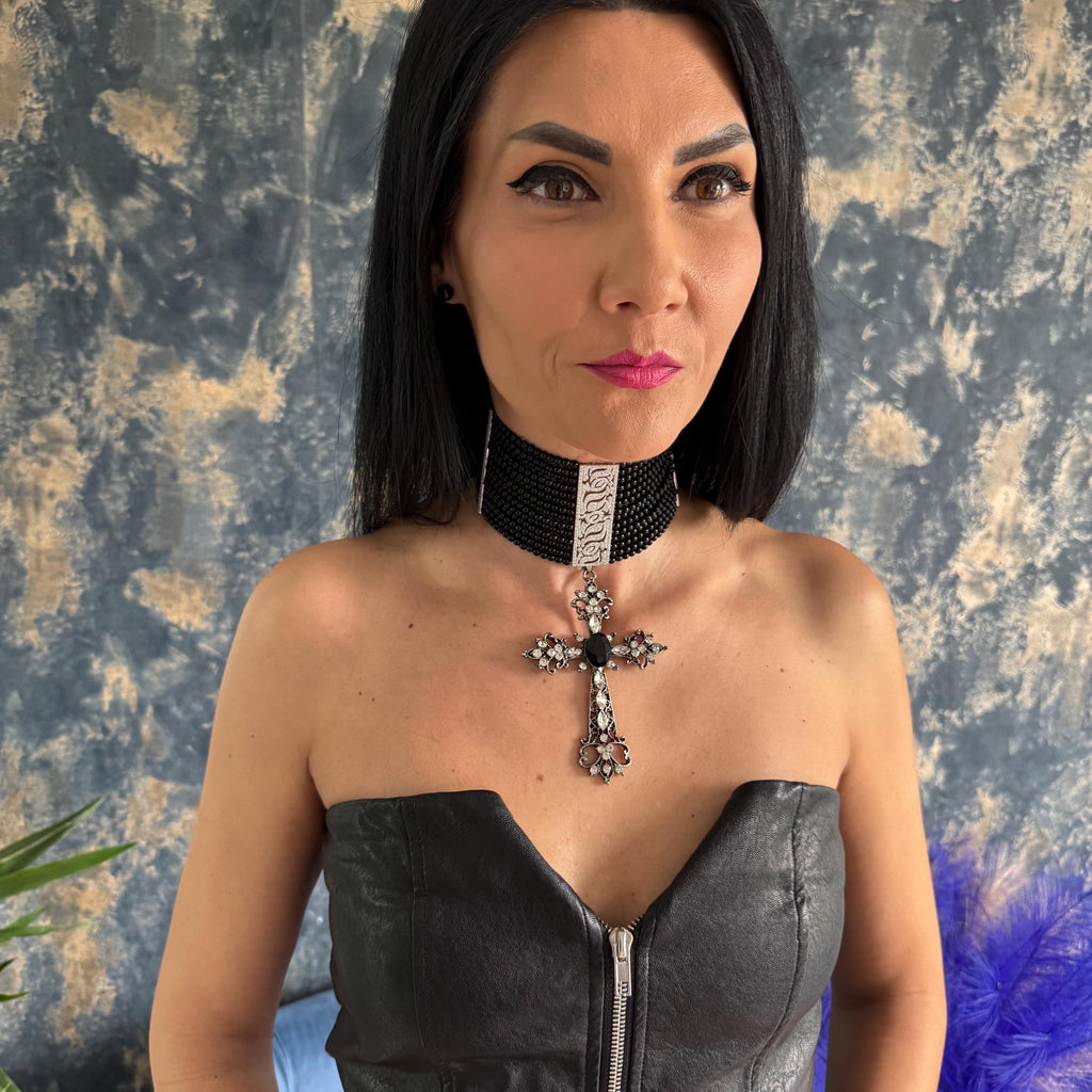 Handmade Victorian Choker Black Agate Beads Statement Necklace Cross Pendant Design Gothic Jewelry Piece Alternative Fashion Accessory Bold Style Statement Platinum Plated Zircon Centerpiece Adjustable Length Customizable Size Dark Elegant