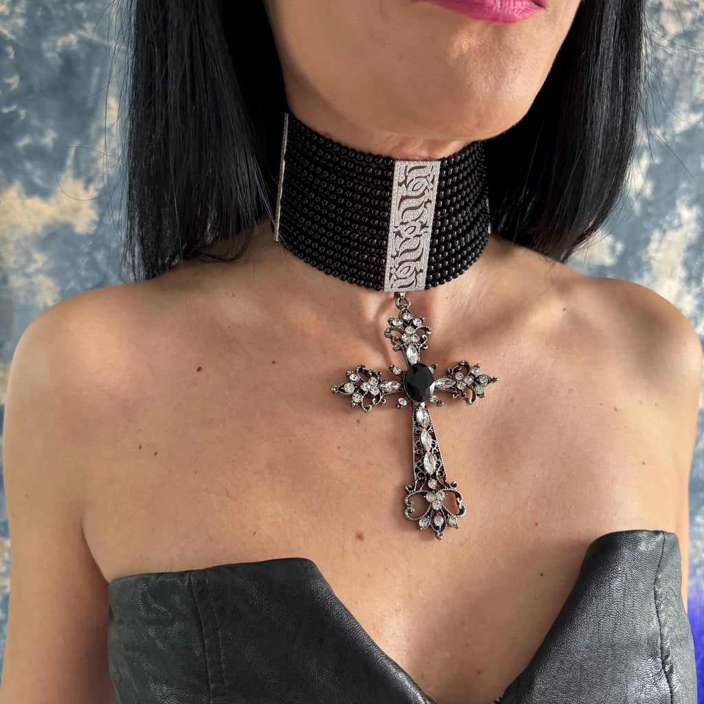 Handmade Victorian Choker Black Agate Beads Statement Necklace Cross Pendant Design Gothic Jewelry Piece Alternative Fashion Accessory Bold Style Statement Platinum Plated Zircon Centerpiece Adjustable Length Customizable Size Dark Elegant