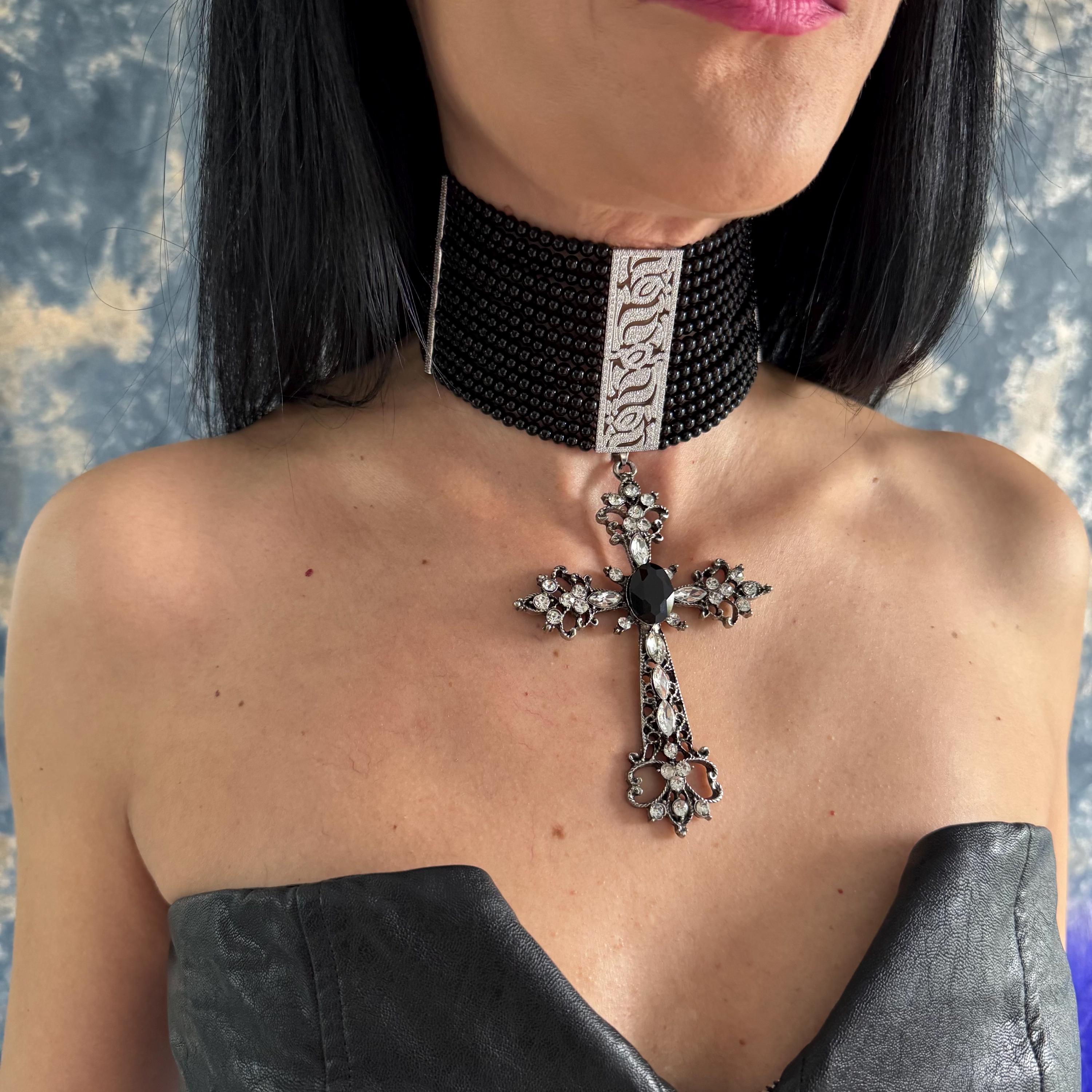 Handmade Victorian Choker Black Agate Beads Statement Necklace Cross Pendant Design Gothic Jewelry Piece Alternative Fashion Accessory Bold Style Statement Platinum Plated Zircon Centerpiece Adjustable Length Customizable Size Dark Elegant