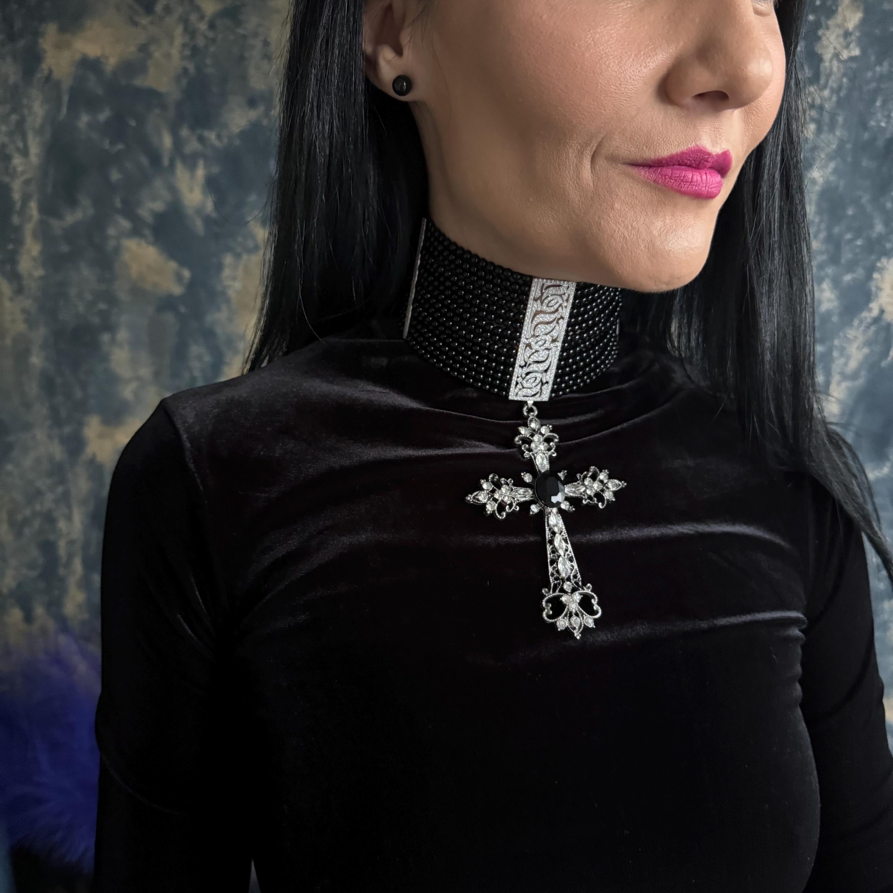 Statement Jewelry Piece Black Agate Choker Necklace Gothic Style Cross Pendant Victorian Design Alternative Fashion Accessory Bold Beaded Creation Handmade Craftsmanship Premium Materials Zircon Centerpiece Platinum Plated Elements