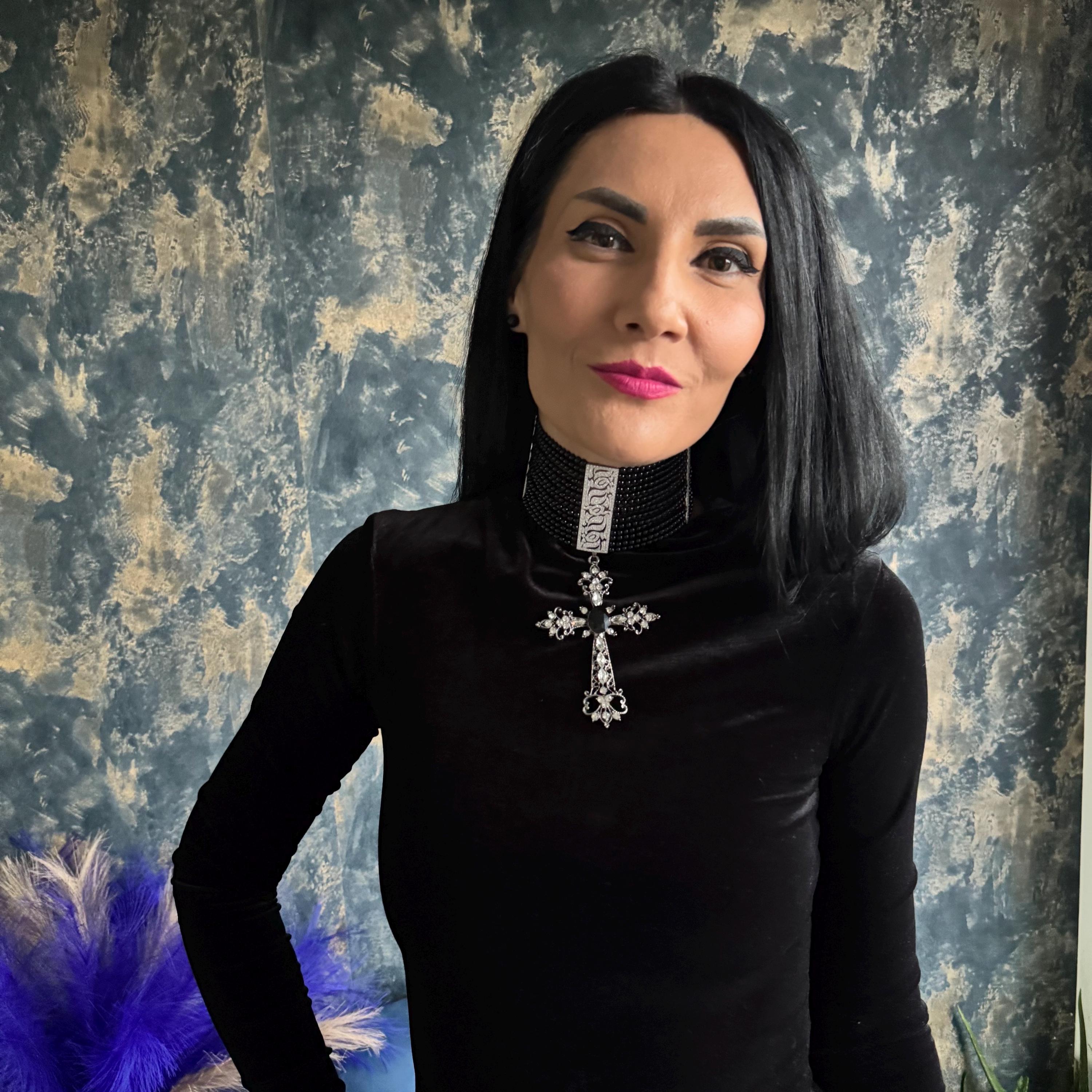 Statement Jewelry Piece Black Agate Choker Necklace Gothic Style Cross Pendant Victorian Design Alternative Fashion Accessory Bold Beaded Creation Handmade Craftsmanship Premium Materials Zircon Centerpiece Platinum Plated Elements