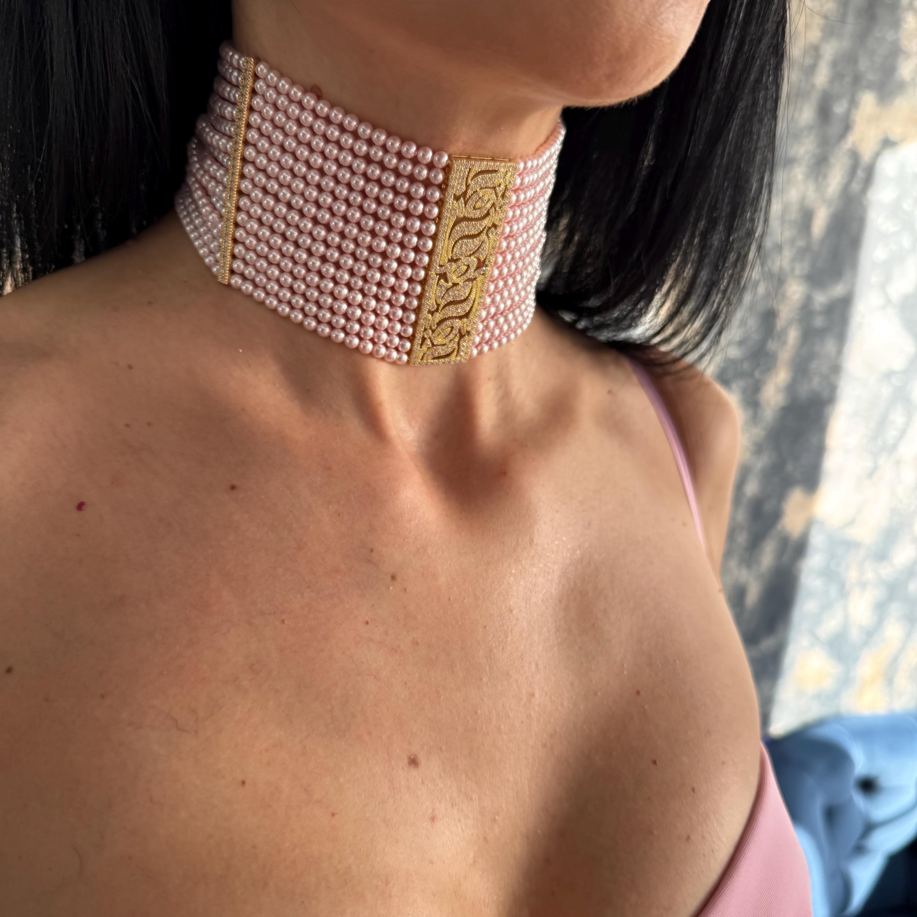 Formal Occasion Necklace Pink Pearl Choker Elegant Design Statement Jewelry Gold Crystal Accents Special Event Accessory Wedding Collection Piece Luxury Gift Idea Adjustable Length Comfort Perfect Evening Wear Bridal Party Essential Gold