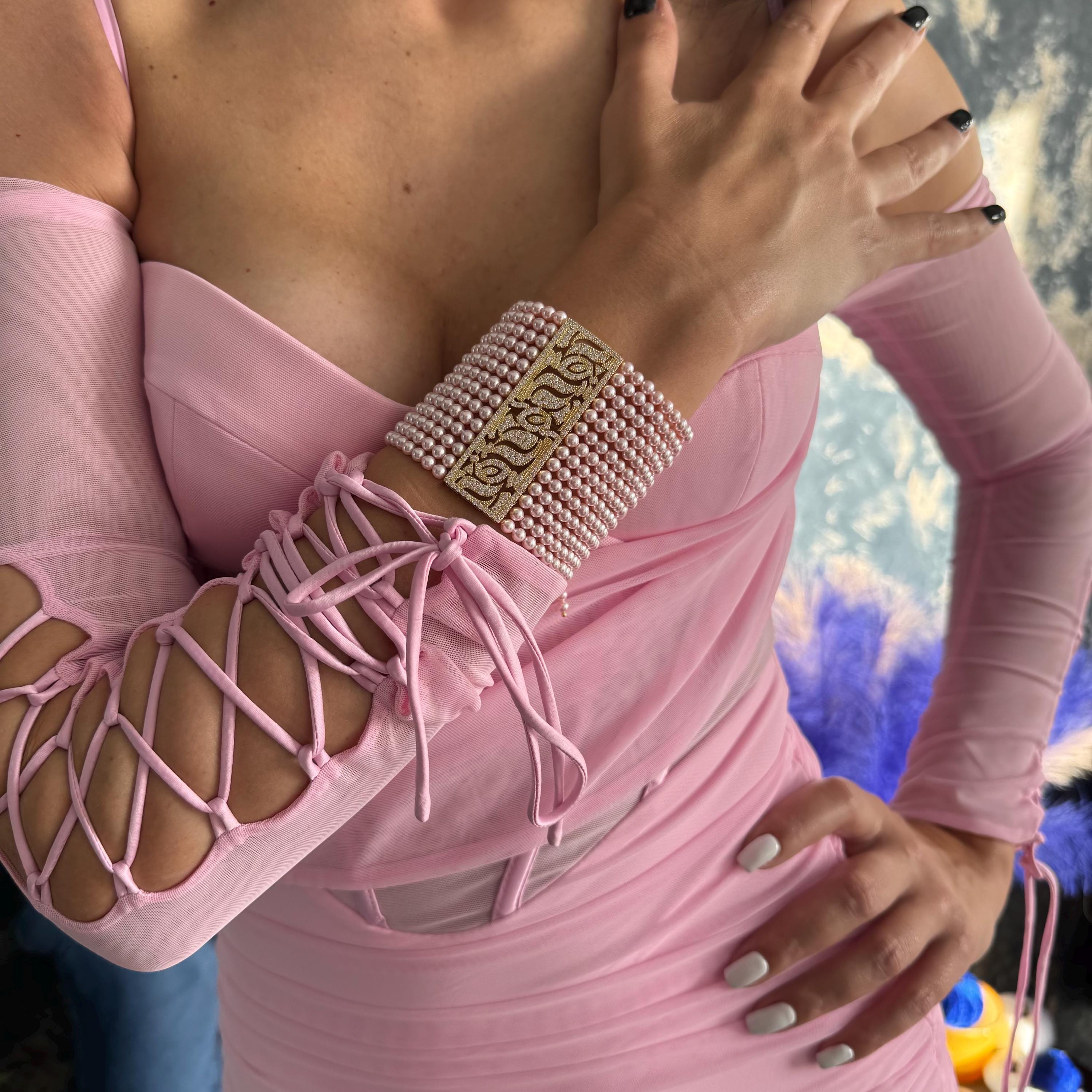 Pink Pearl Bracelet Crystal Cuff Jewelry Multi Strand Design Elegant Statement Piece Wedding Accessory Formal Event Jewelry Adjustable Length Customizable Fit Zircon Details Luxury Arm Piece Special Occasion Accessory Feminine Style