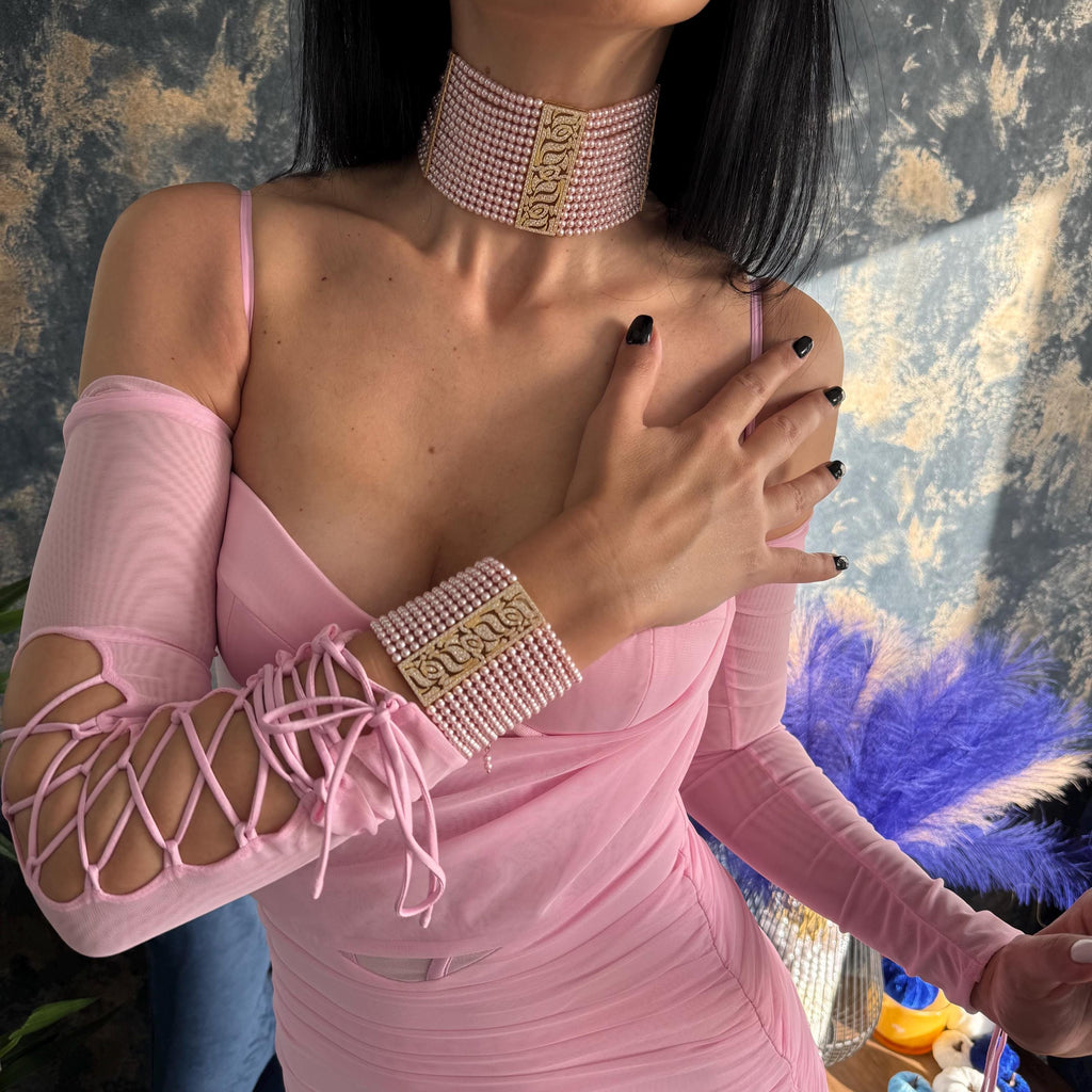 Pink Pearl Bracelet Crystal Cuff Jewelry Multi Strand Design Elegant Statement Piece Wedding Accessory Formal Event Jewelry Adjustable Length Customizable Fit Zircon Details Luxury Arm Piece Special Occasion Accessory Feminine Style
